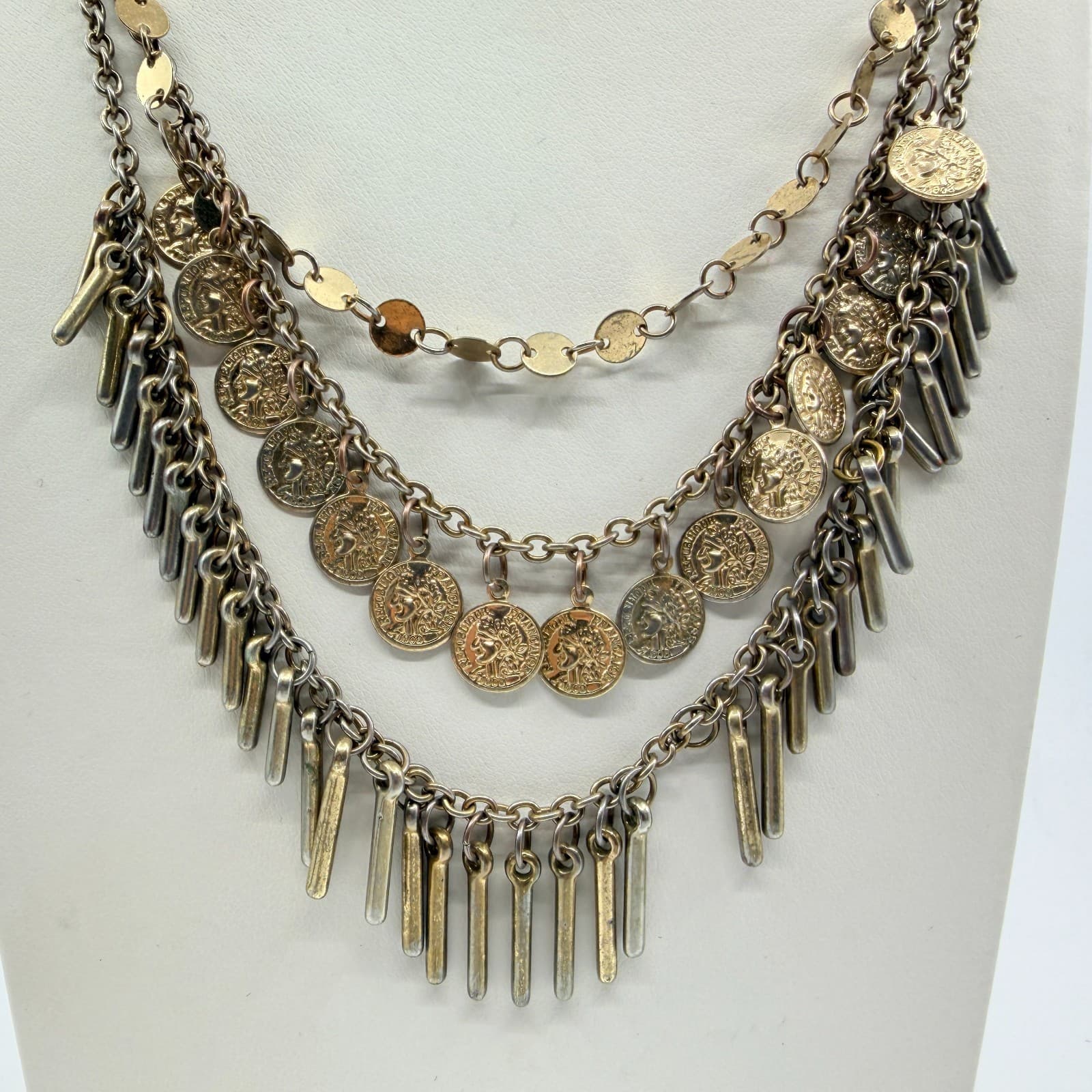 VTG Antique Gold Tone Multi Strand Coin Fringe Layered Statement BIB Necklace - Thumbnail 2