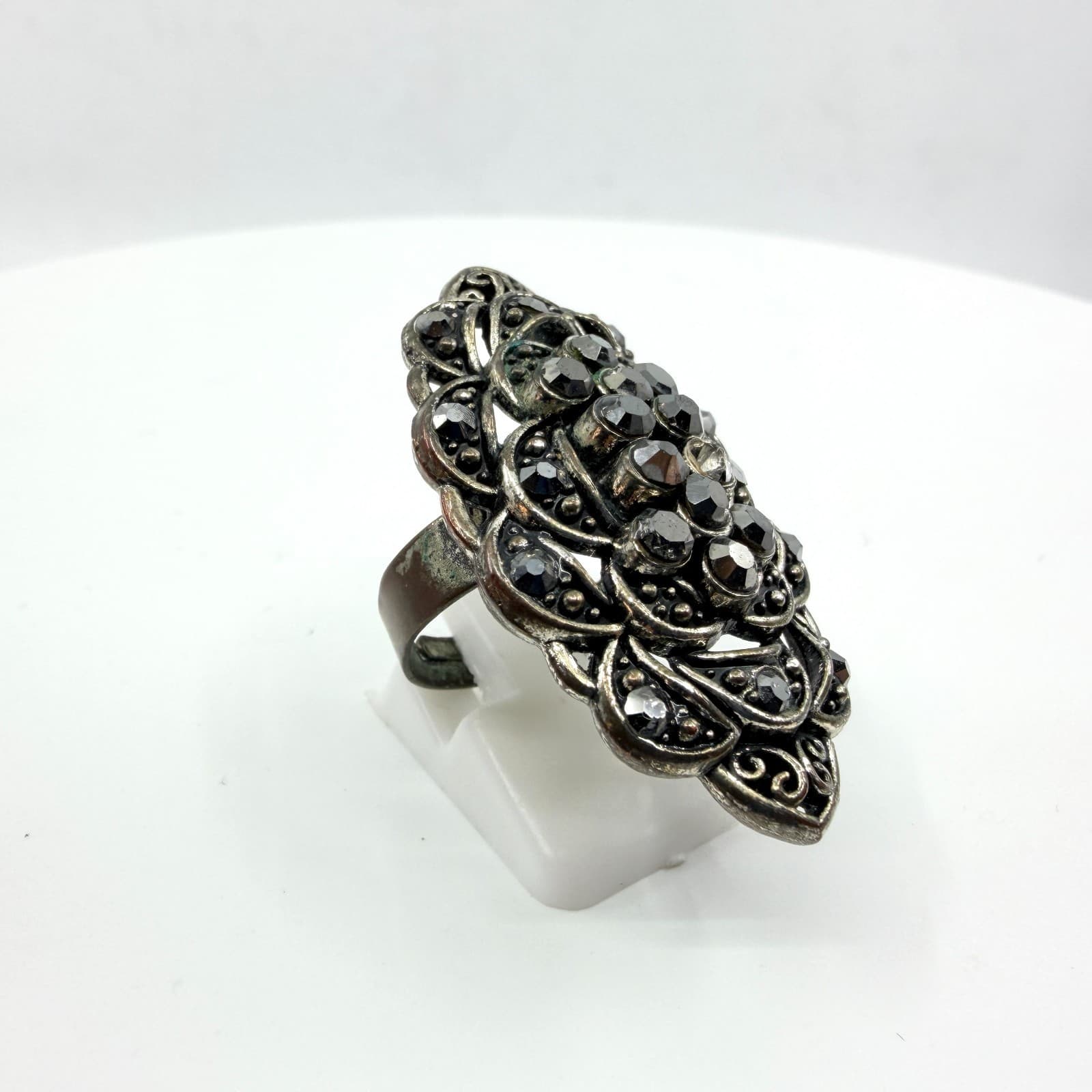Vintage Silver Tone Black Rhinestone Statement Ring Marquise Shield Adjustable - Thumbnail 2