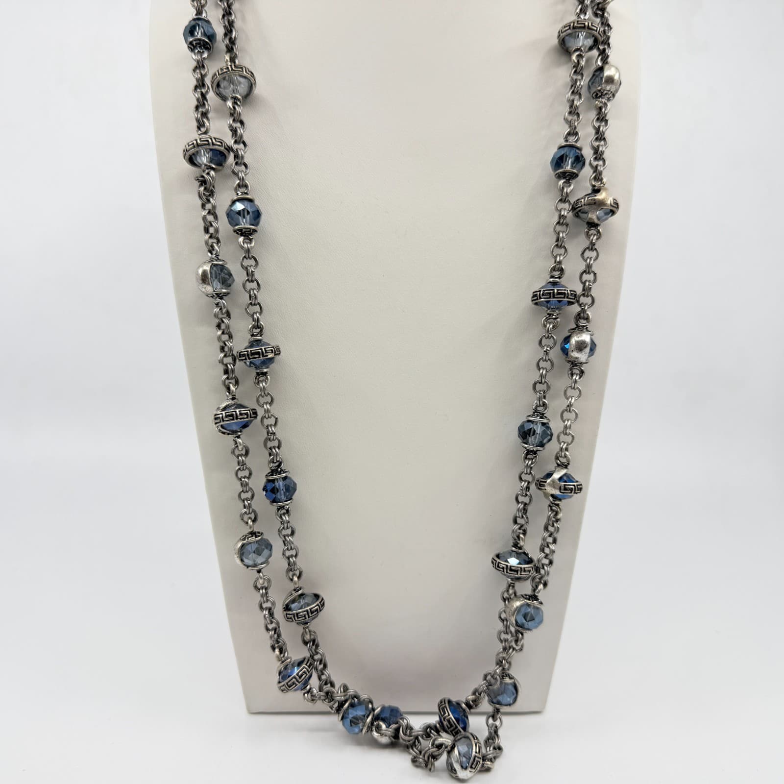 Vintage Chico's Long Silver Tone Chain Necklace Blue Crystal Greek Key Accent - Thumbnail 4