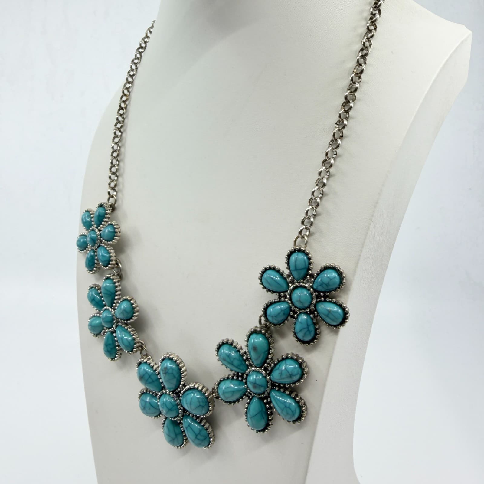 Vintage Faux Turquoise Matrix Flower Bib Statement Necklace Silver Tone Chunky - Thumbnail 7