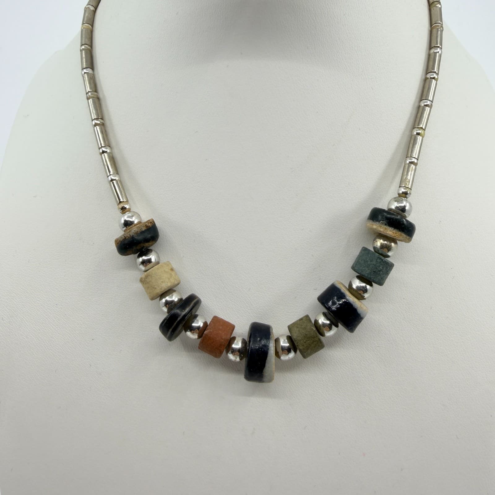 Vintage Southwestern Multi Stone Liquid Silver Tone Necklace Chunky Bead Boho - Thumbnail 3