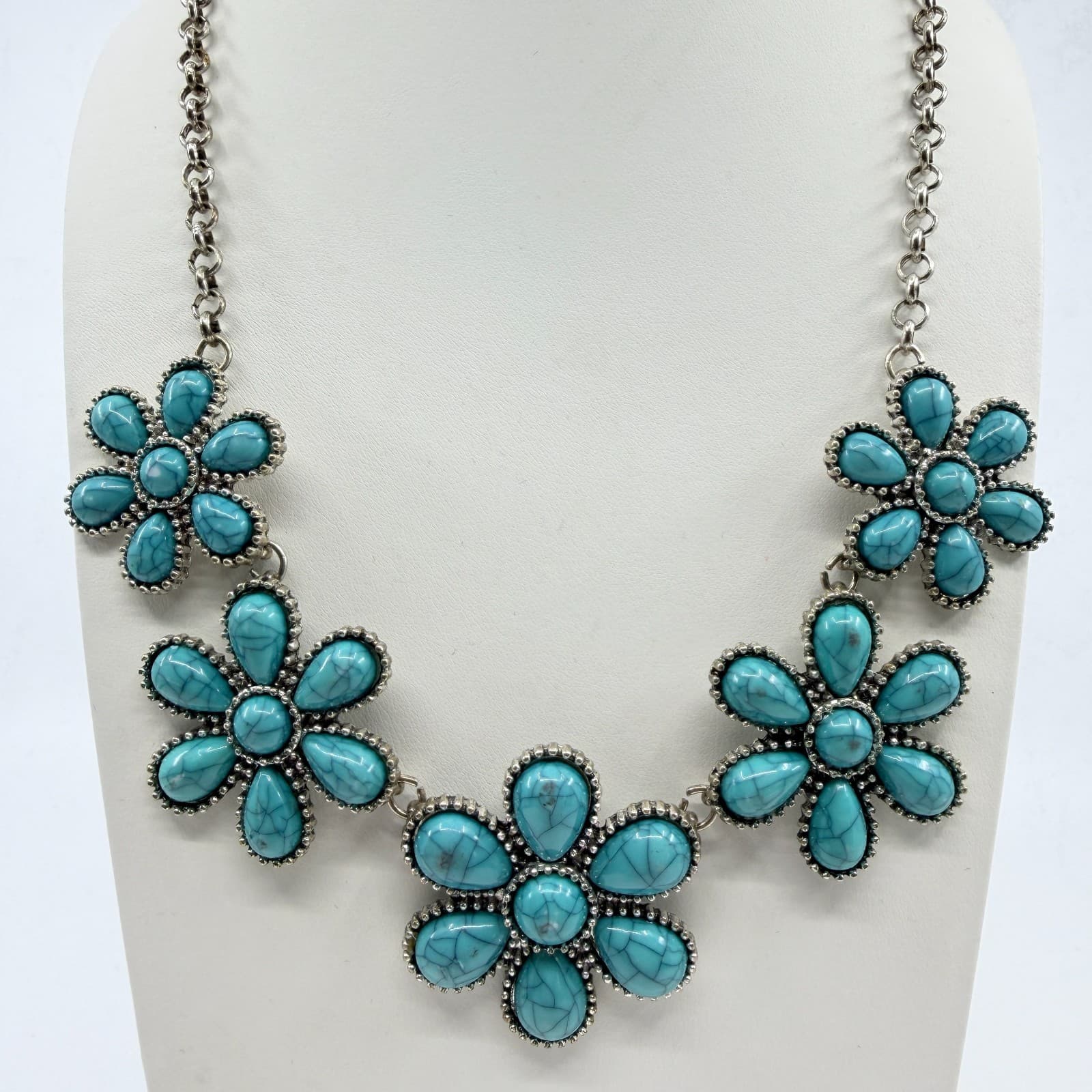 Vintage Faux Turquoise Matrix Flower Bib Statement Necklace Silver Tone Chunky - Thumbnail 2