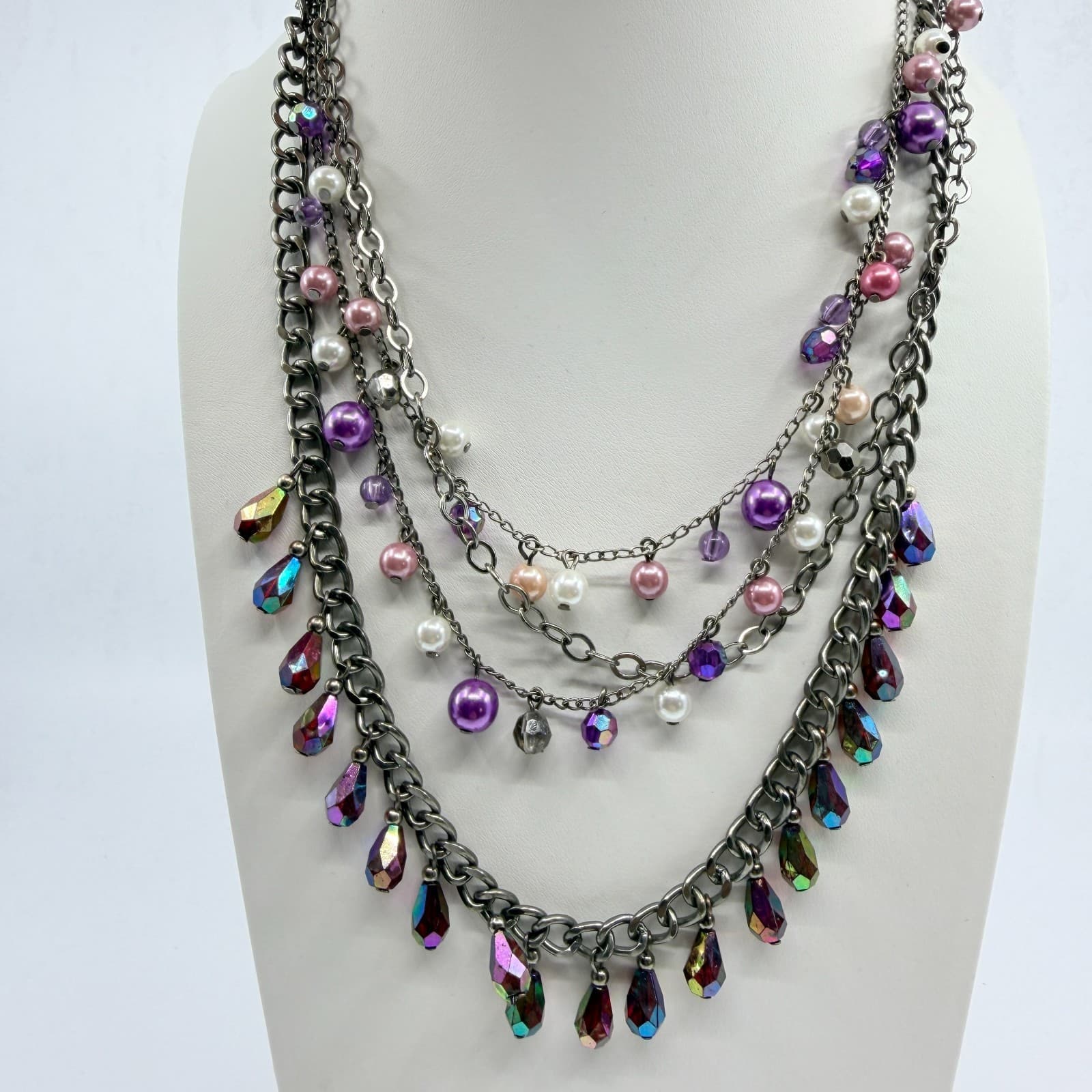 Y2K Multi Strand Layered Statement Necklace Purple Faux Pearl AB Crystal Charm - Thumbnail 2