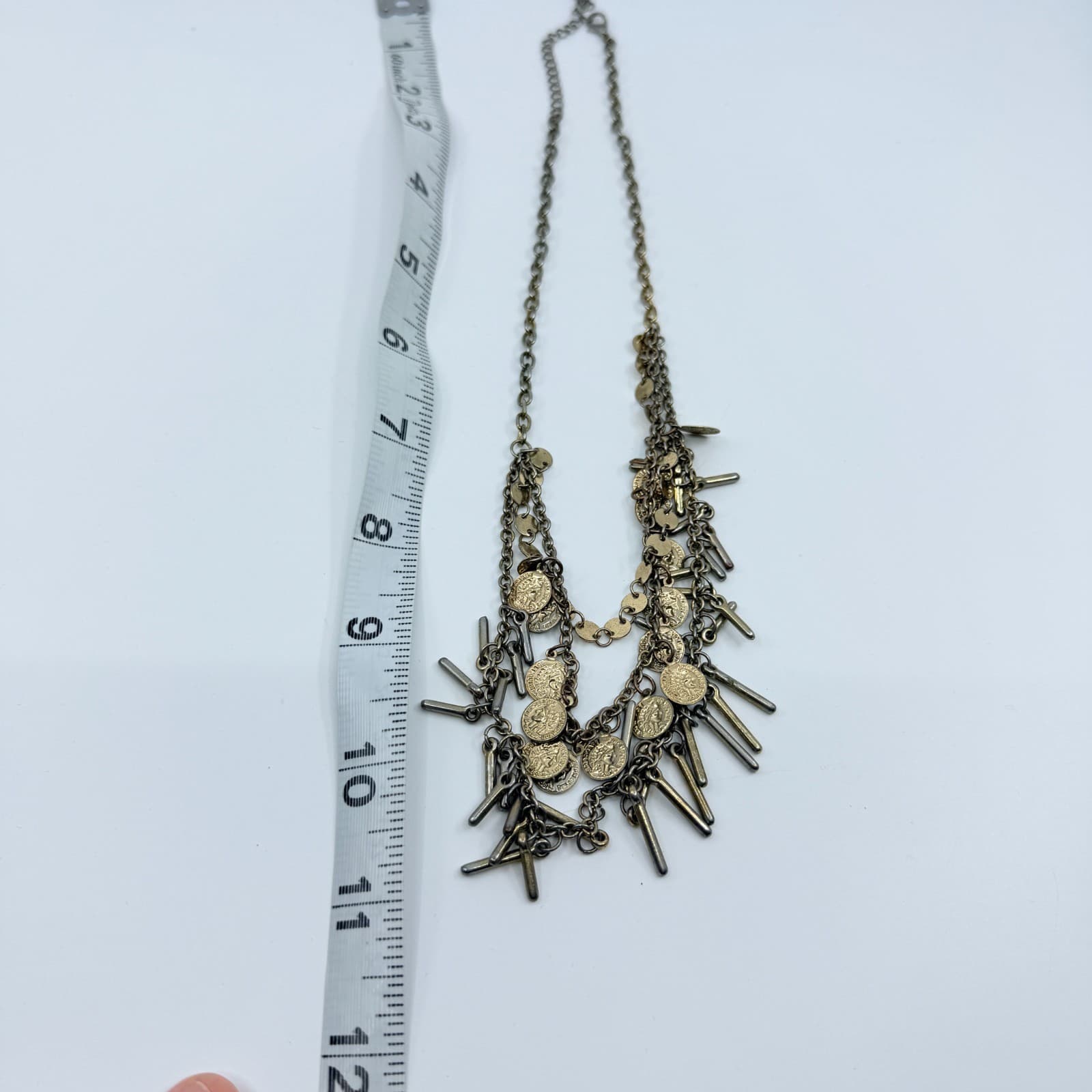 VTG Antique Gold Tone Multi Strand Coin Fringe Layered Statement BIB Necklace - Thumbnail 8
