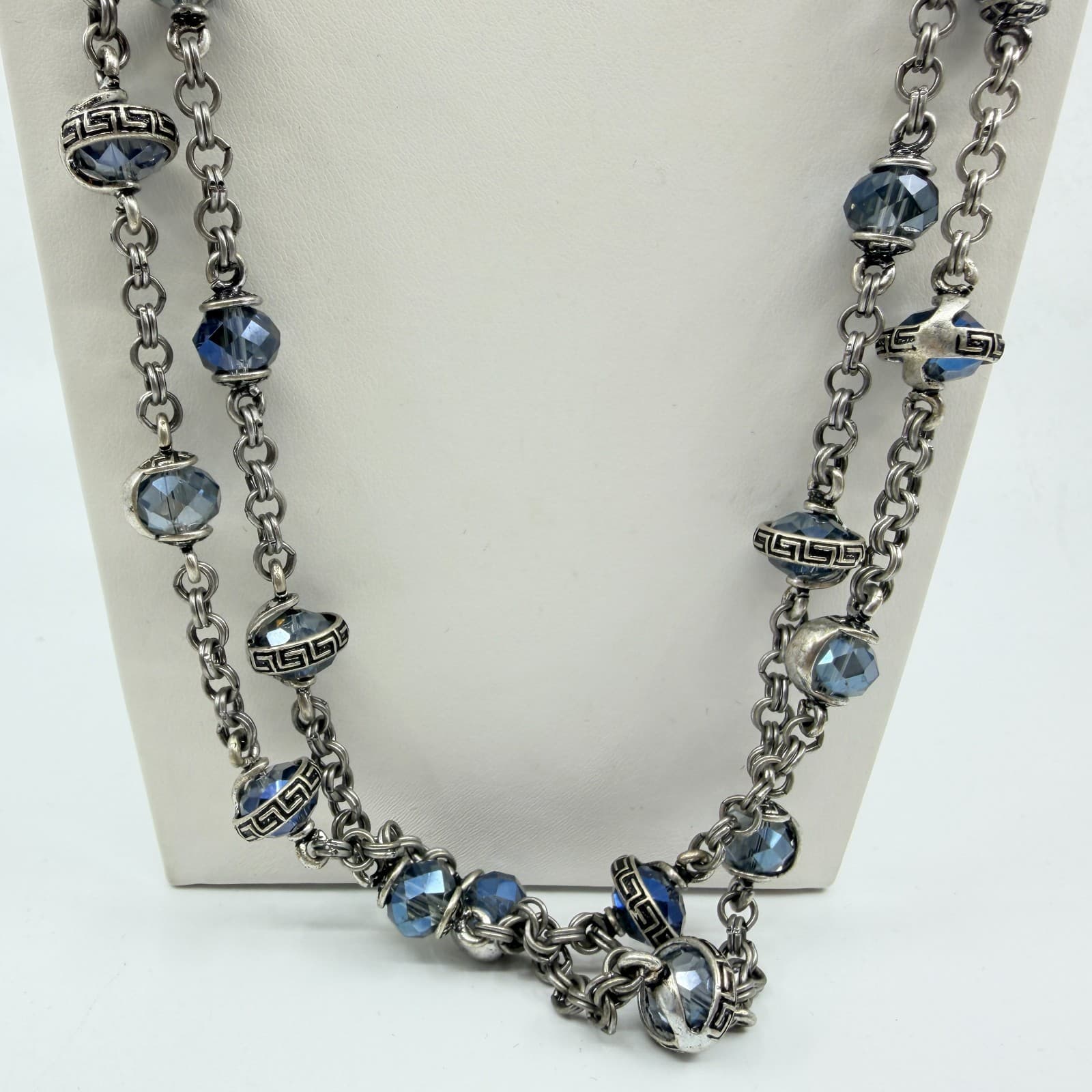 Vintage Chico's Long Silver Tone Chain Necklace Blue Crystal Greek Key Accent - Thumbnail 2