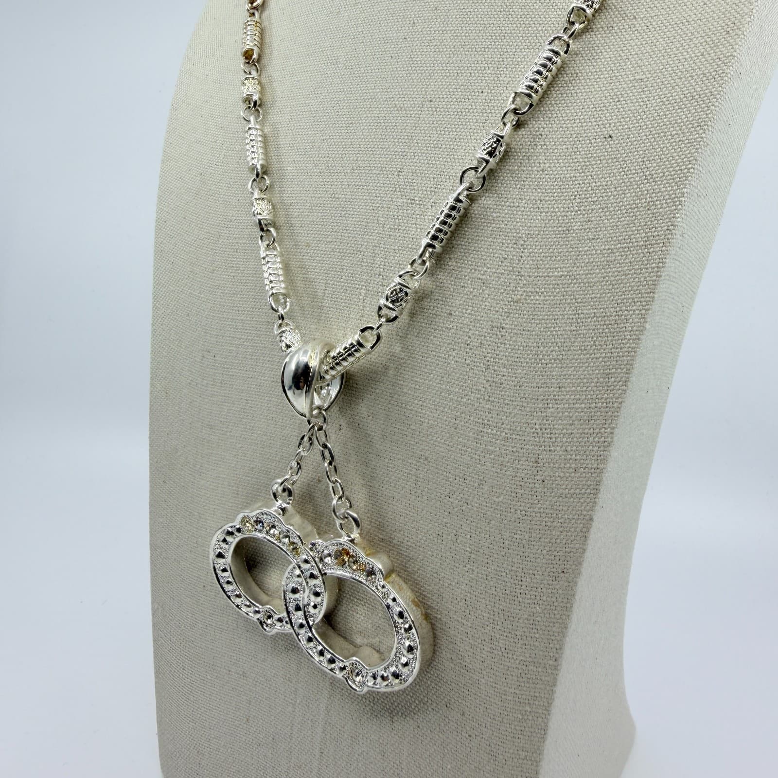 Silver Tone Interlocking Double Oval Pendant Necklace Rhinestone Minimalist Boho - Thumbnail 7
