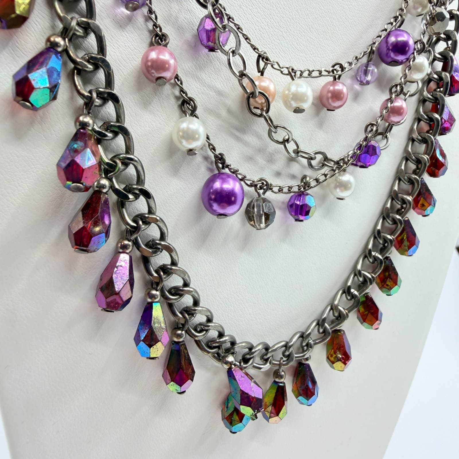 Y2K Multi Strand Layered Statement Necklace Purple Faux Pearl AB Crystal Charm - Thumbnail 4