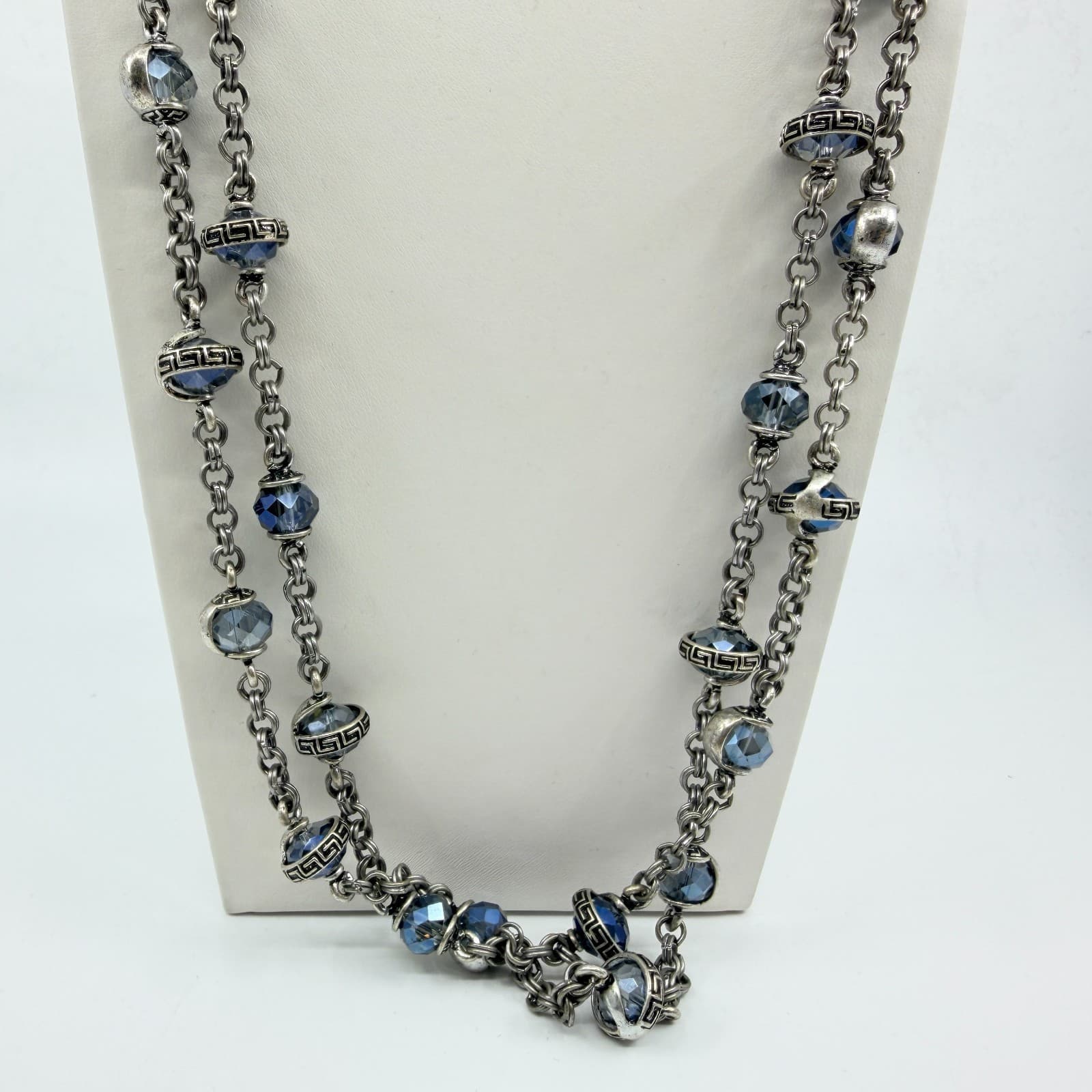 Vintage Chico's Long Silver Tone Chain Necklace Blue Crystal Greek Key Accent - Thumbnail 3