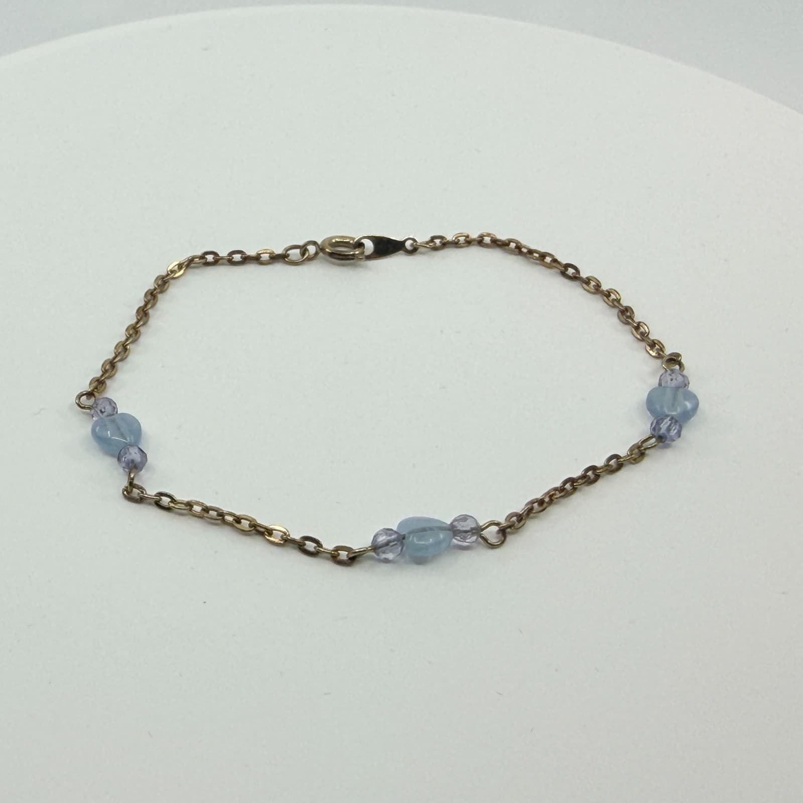 Vintage Gold Tone Chain Bracelet Light Blue Heart Bead Faceted Crystal Boho 90s - Thumbnail 5