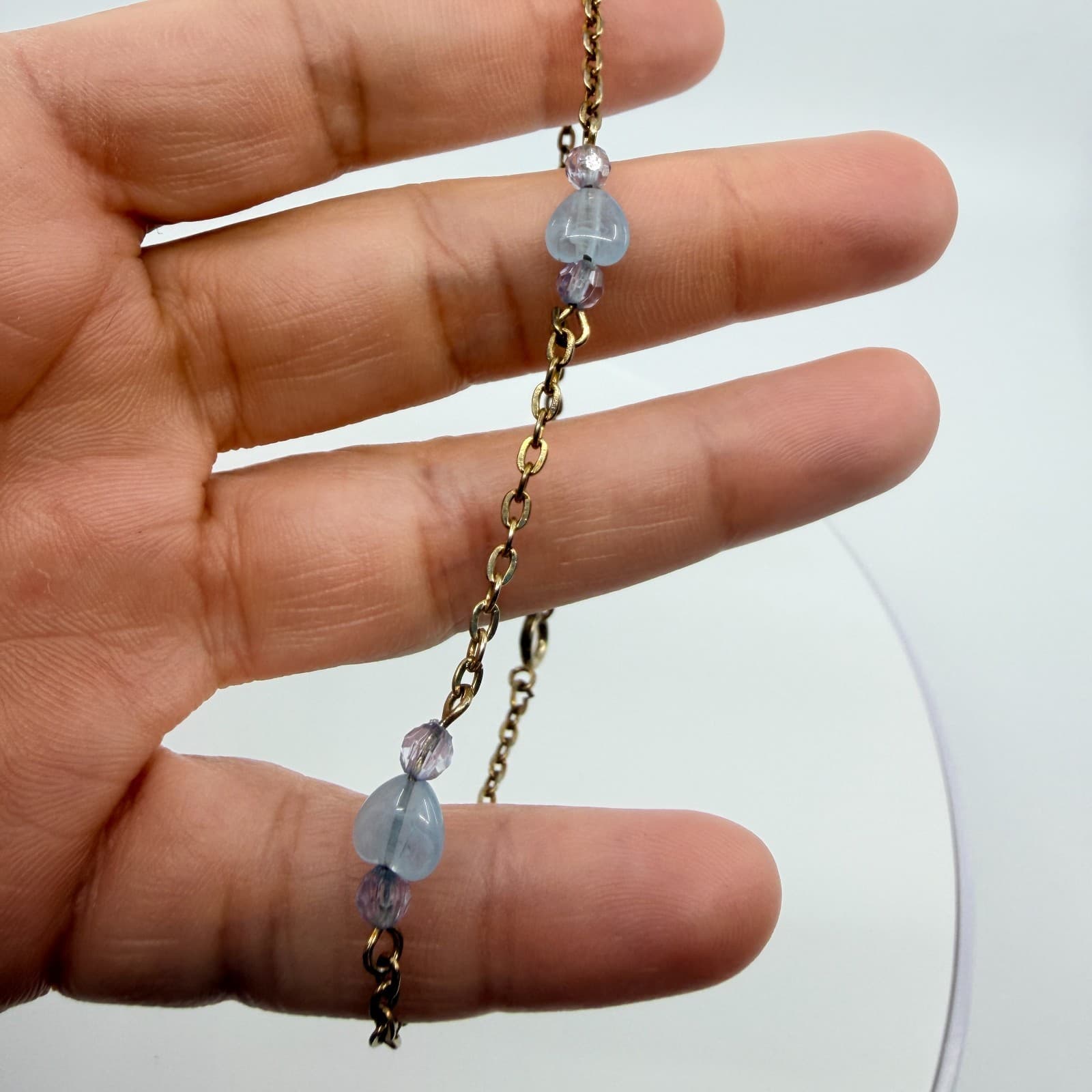 Vintage Gold Tone Chain Bracelet Light Blue Heart Bead Faceted Crystal Boho 90s - Thumbnail 6