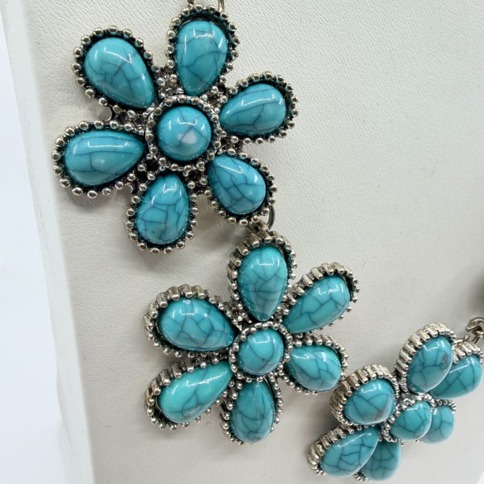 Vintage Faux Turquoise Matrix Flower Bib Statement Necklace Silver Tone Chunky - Thumbnail 3