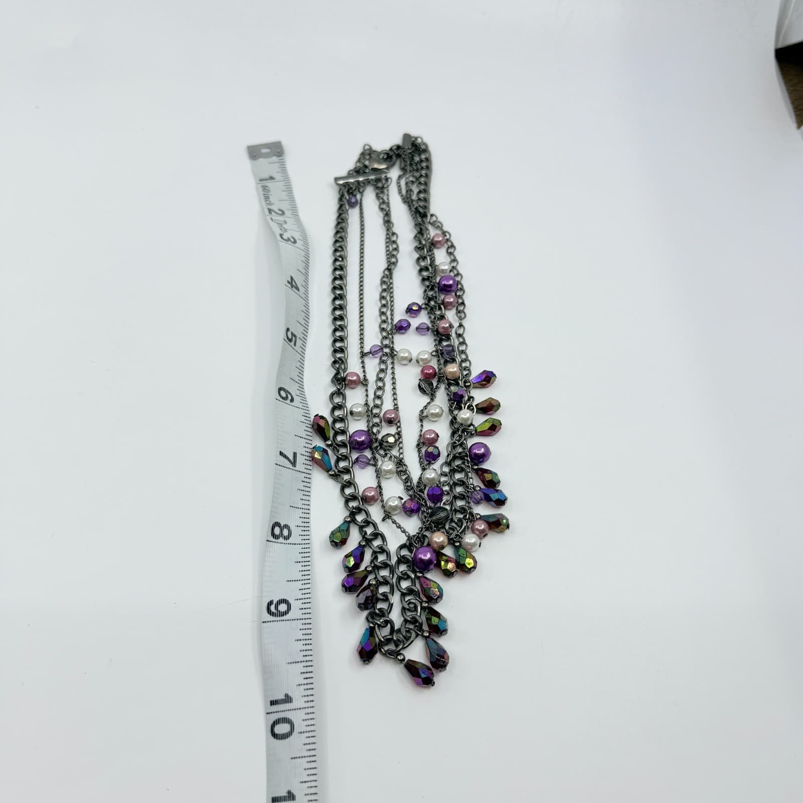 Y2K Multi Strand Layered Statement Necklace Purple Faux Pearl AB Crystal Charm - Thumbnail 9
