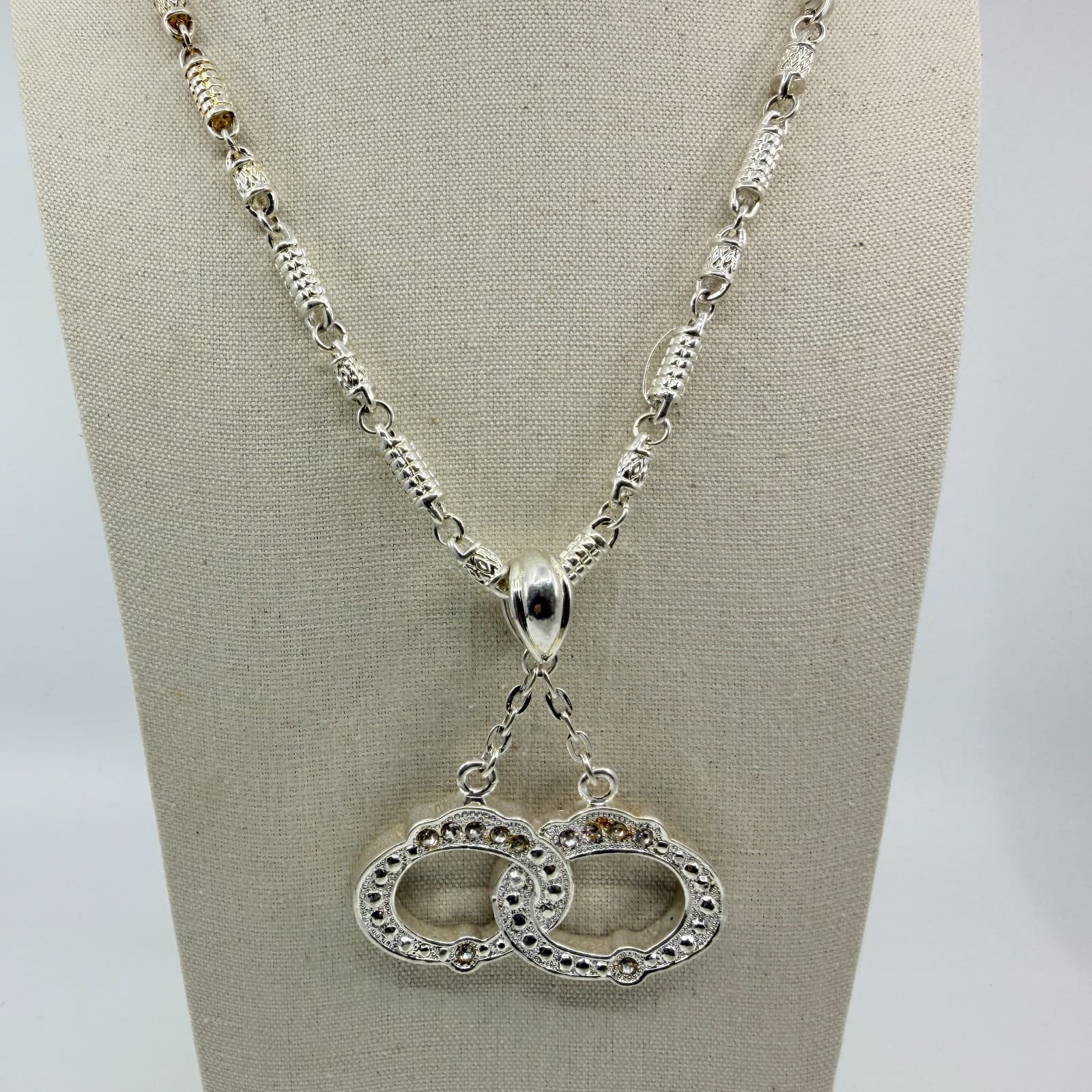 Silver Tone Interlocking Double Oval Pendant Necklace Rhinestone Minimalist Boho - Thumbnail 4