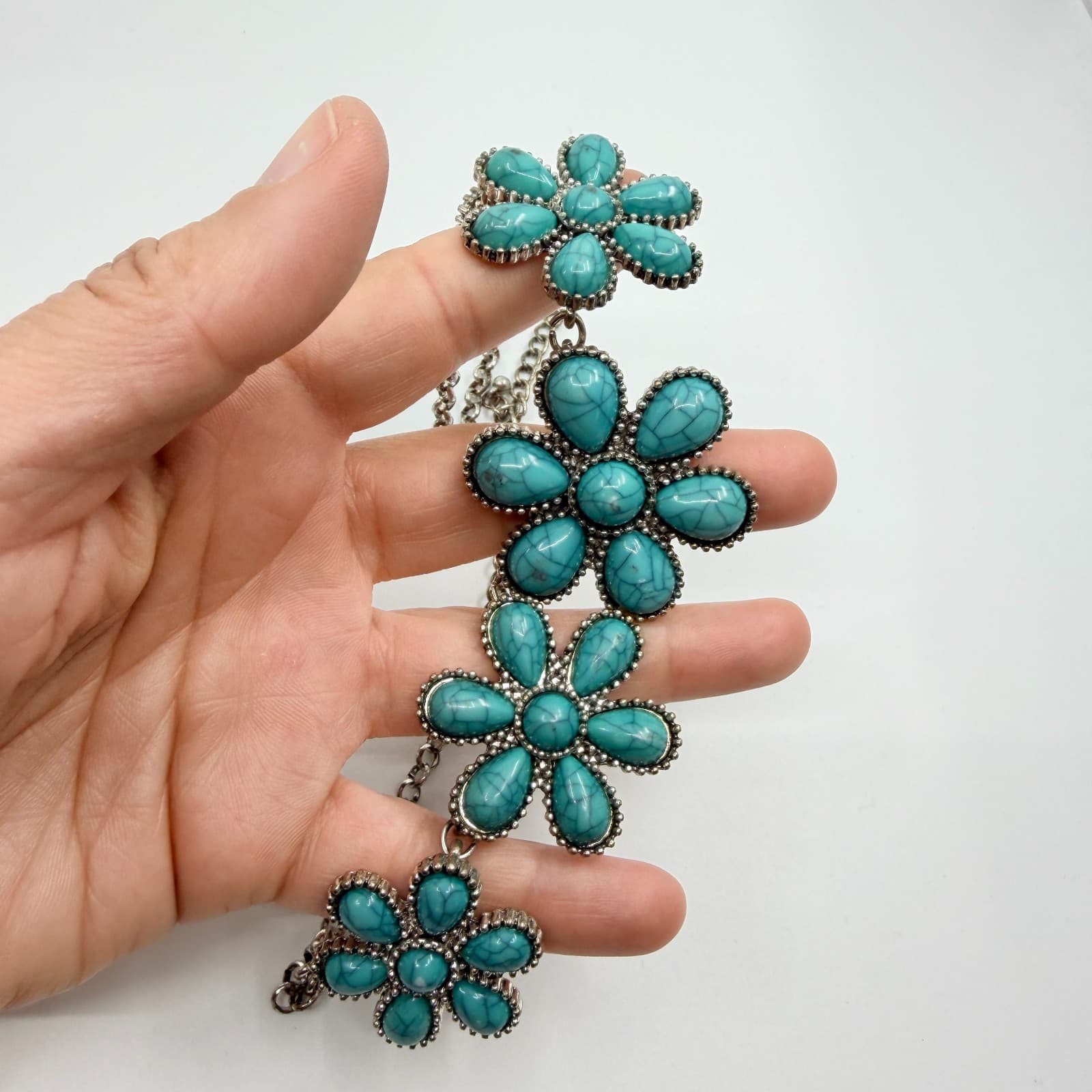 Vintage Faux Turquoise Matrix Flower Bib Statement Necklace Silver Tone Chunky - Thumbnail 10