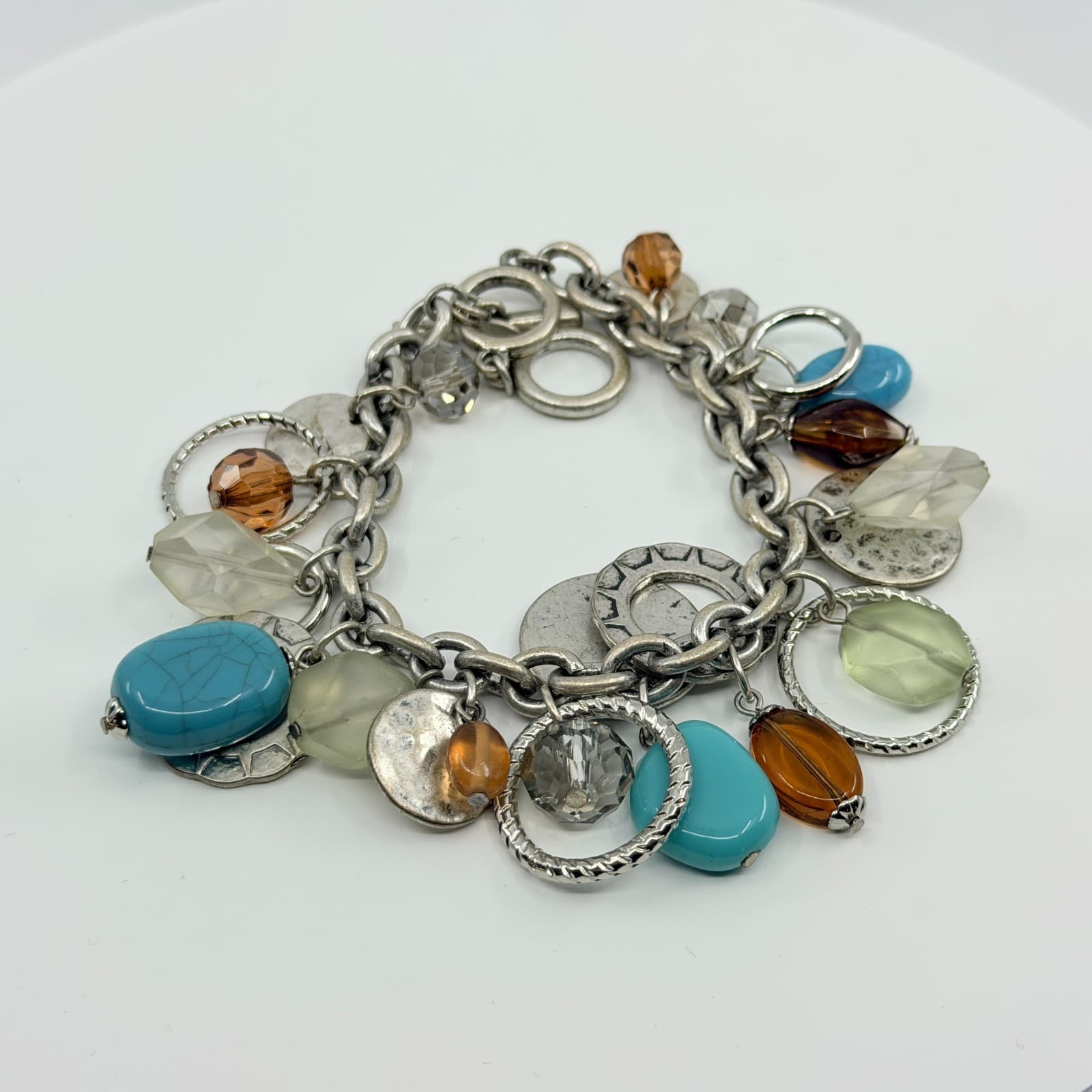 Vintage Boho Silver Faux Turquoise Chunky Charm Bracelet Multi Bead Toggle Y2K - Thumbnail 5