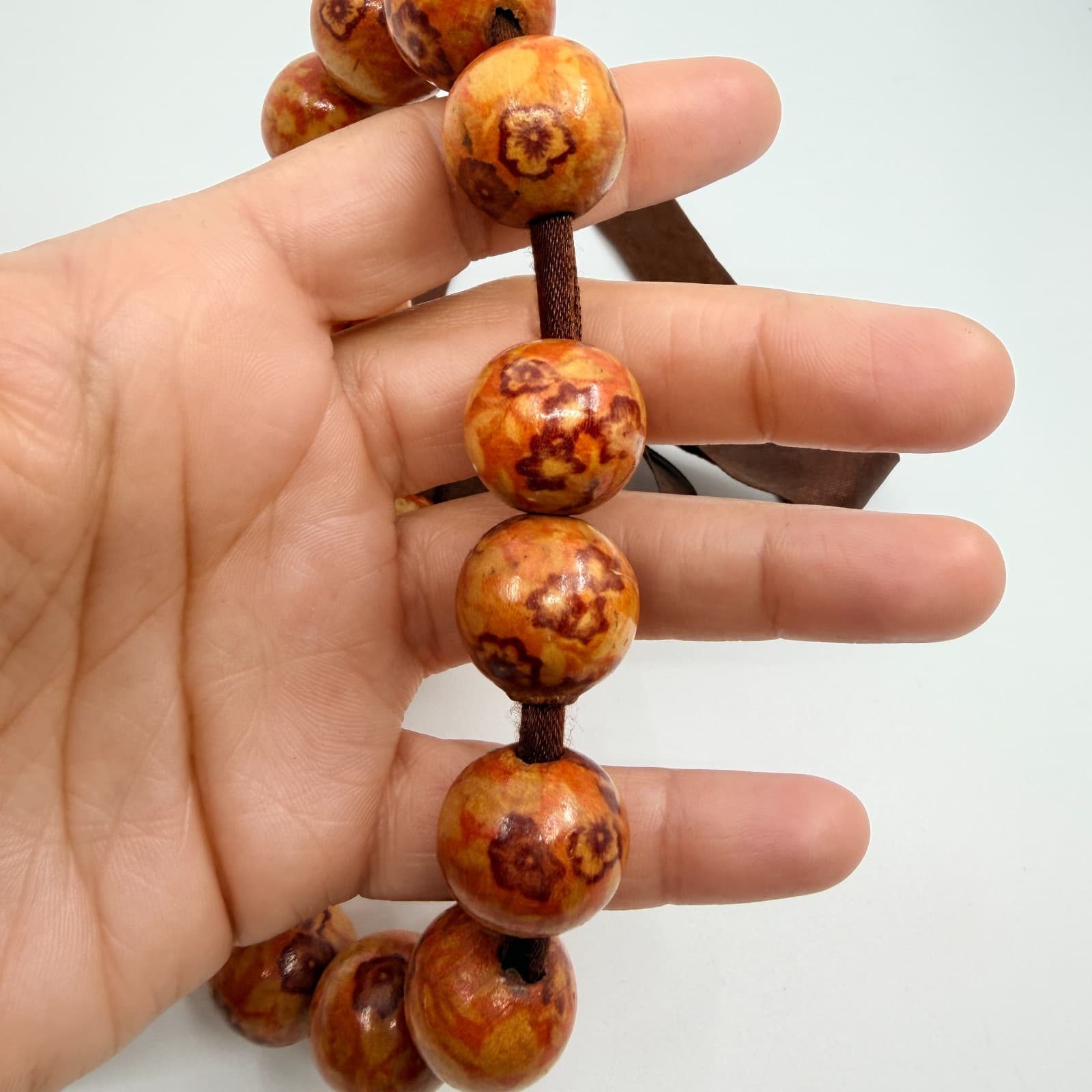 Vintage Orange Floral Painted Wood Bead Necklace Chunky Statement Boho Retro 90s - Thumbnail 7