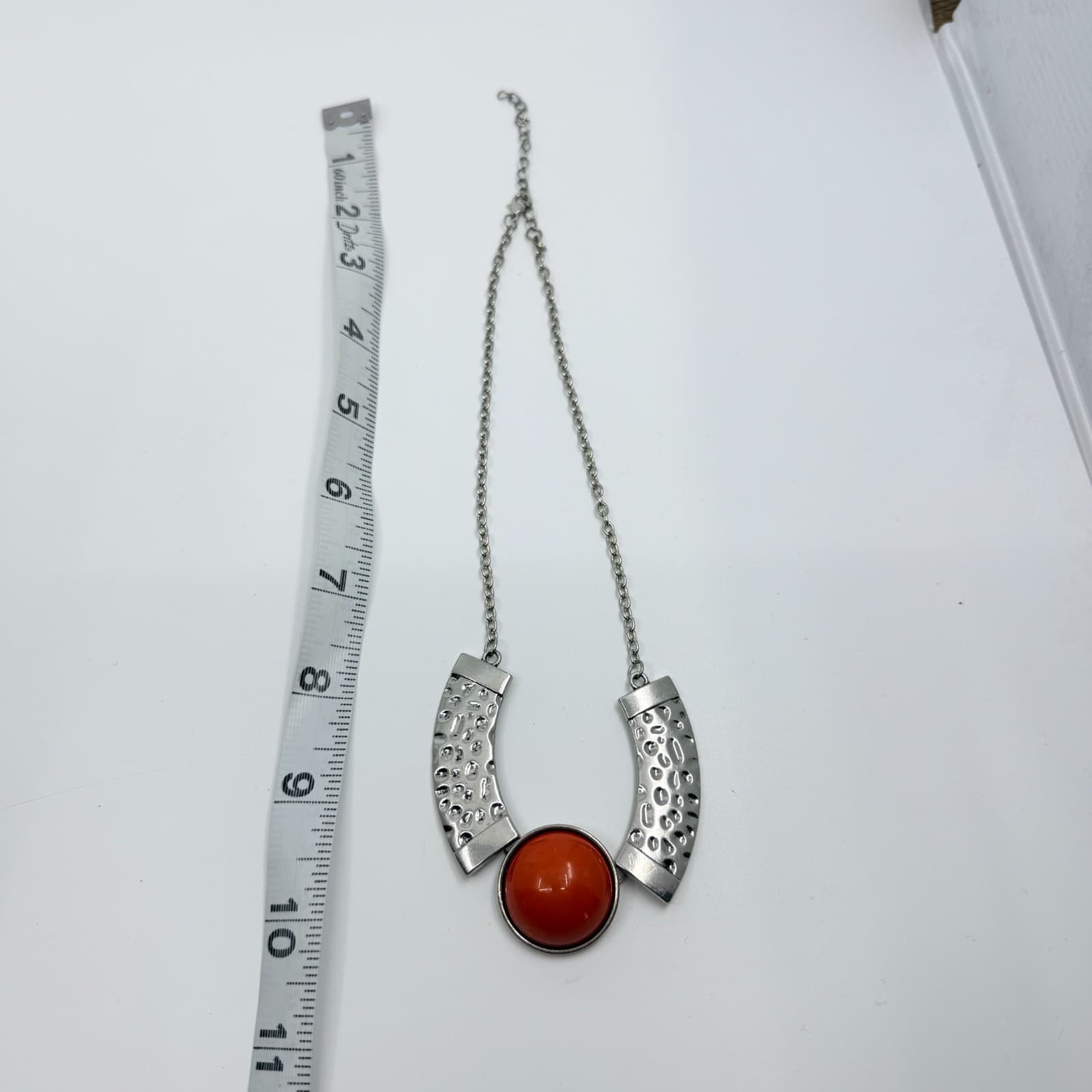 VTG Y2K Silver Tone Textured Bib Statement Necklace Orange Faux Coral Cabochon - Thumbnail 10