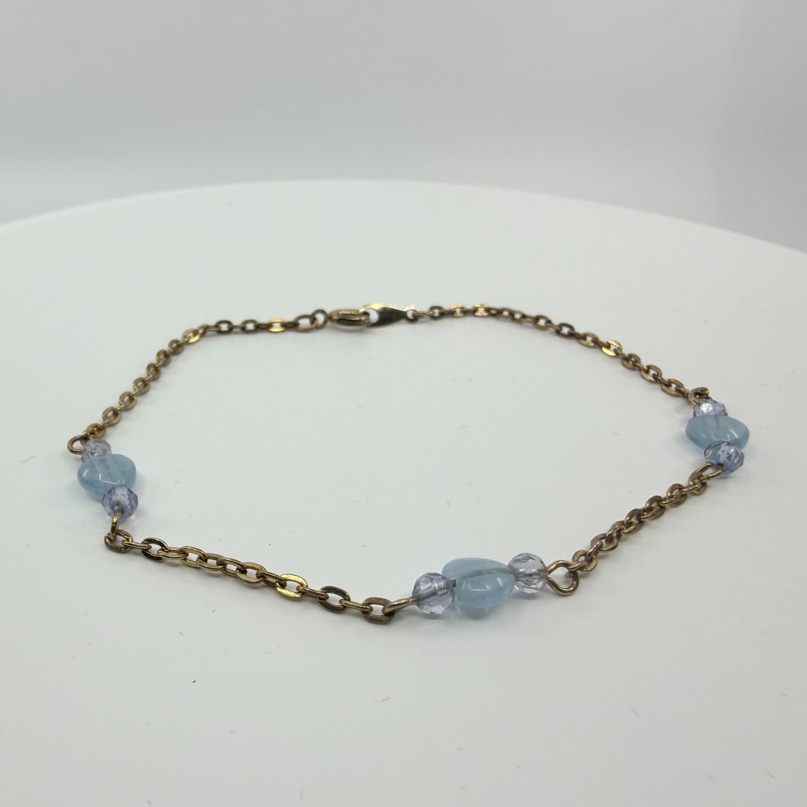 Vintage Gold Tone Chain Bracelet Light Blue Heart Bead Faceted Crystal Boho 90s - Thumbnail 2