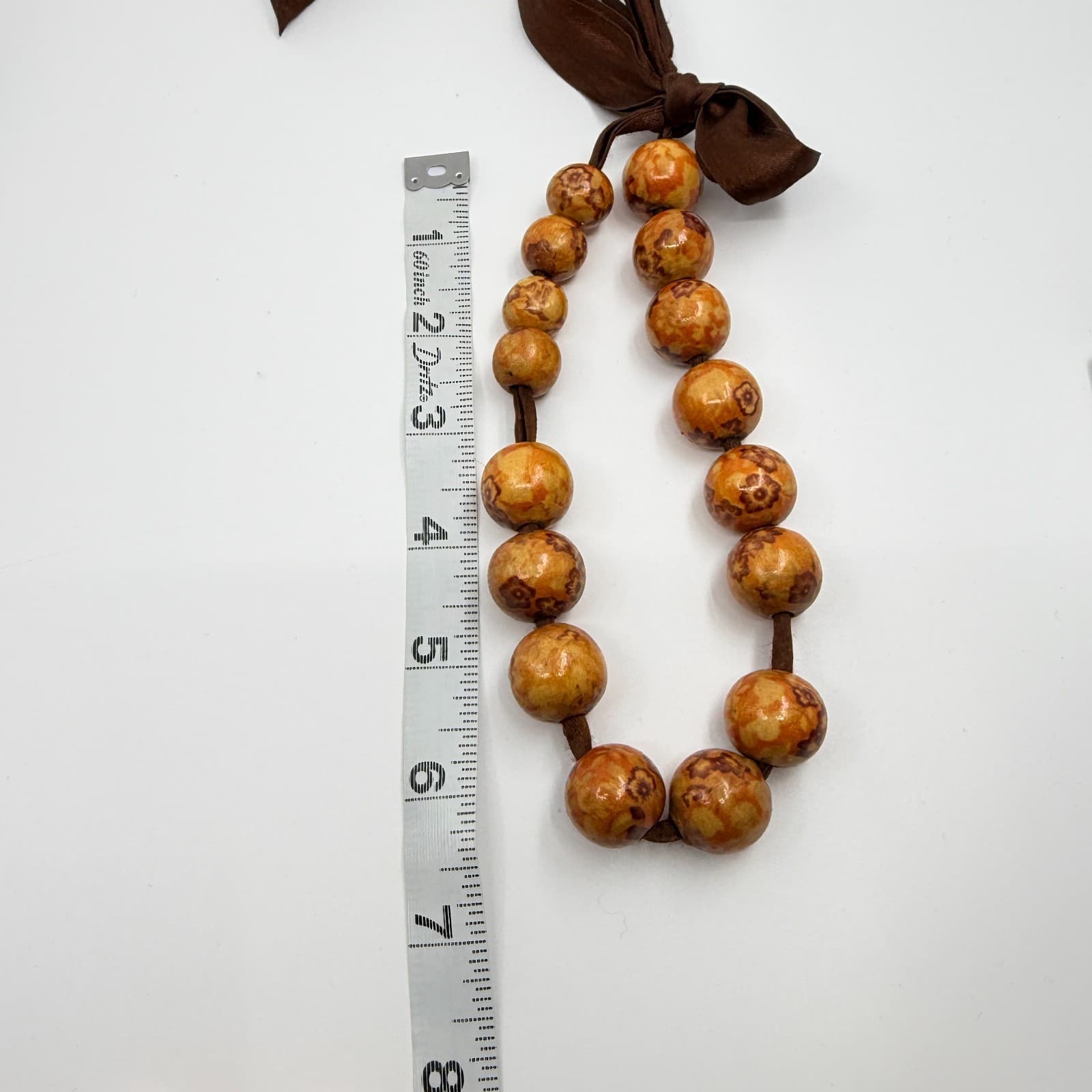 Vintage Orange Floral Painted Wood Bead Necklace Chunky Statement Boho Retro 90s - Thumbnail 8