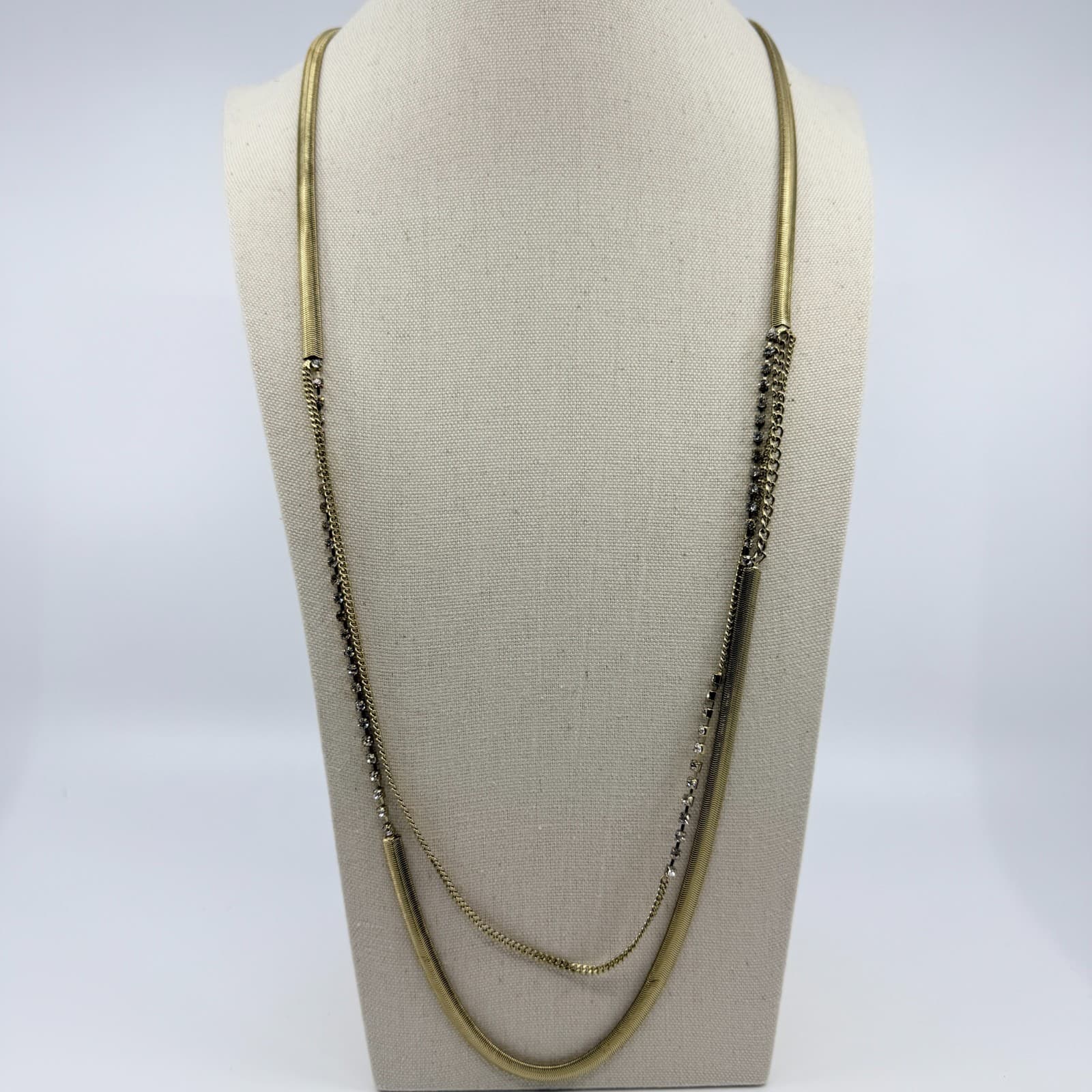 Vintage Gold Tone Multi Strand Layered Necklace Mixed Chain Rhinestone Statement - Thumbnail 2