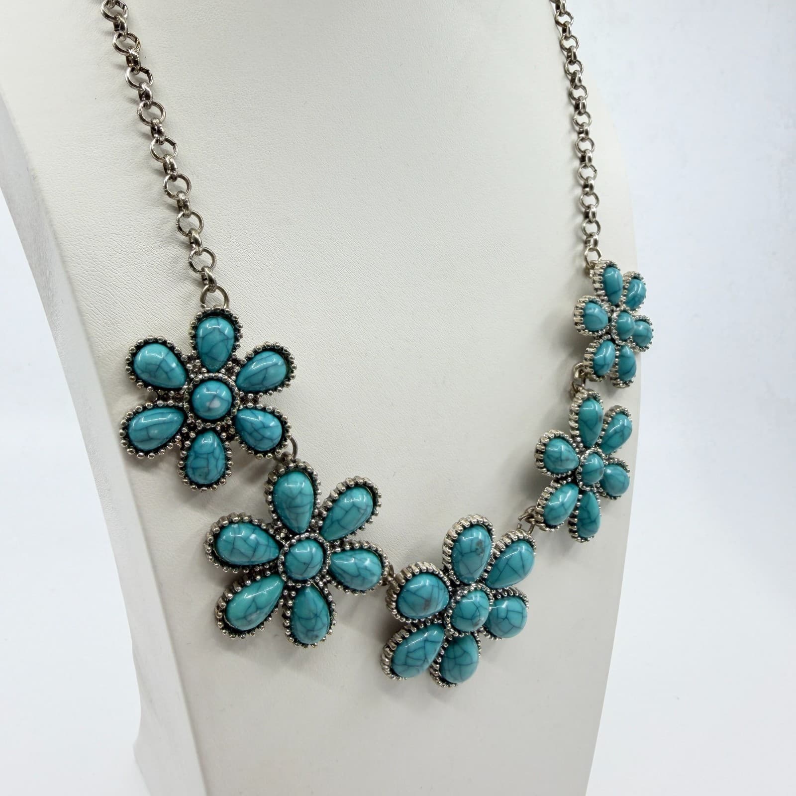 Vintage Faux Turquoise Matrix Flower Bib Statement Necklace Silver Tone Chunky - Thumbnail 5