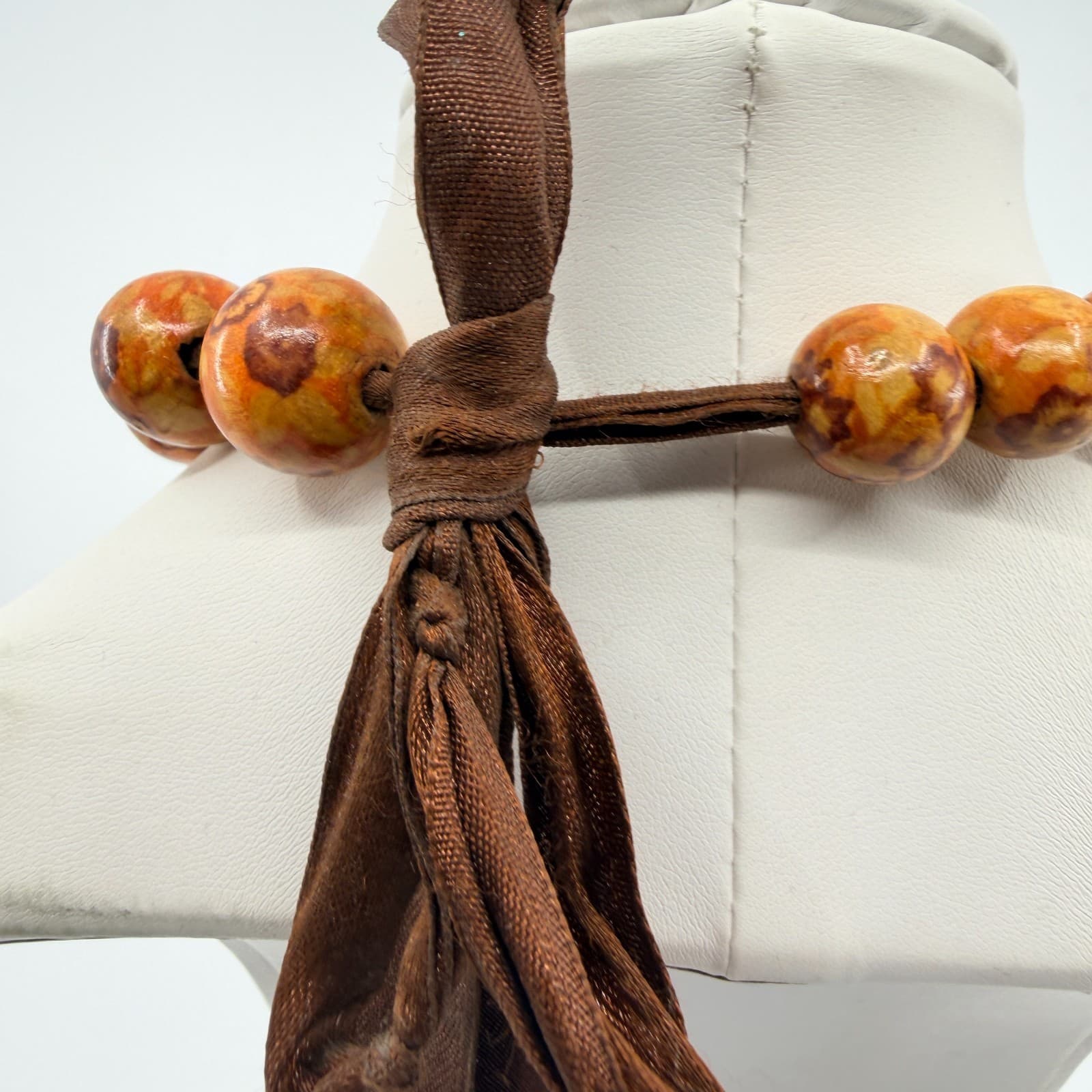 Vintage Orange Floral Painted Wood Bead Necklace Chunky Statement Boho Retro 90s - Thumbnail 6