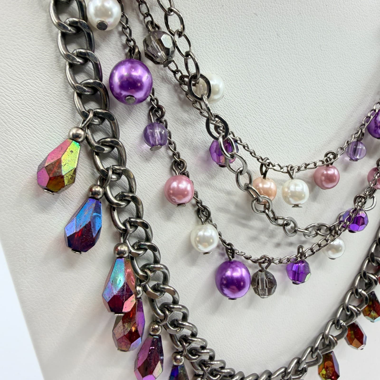 Y2K Multi Strand Layered Statement Necklace Purple Faux Pearl AB Crystal Charm - Thumbnail 3