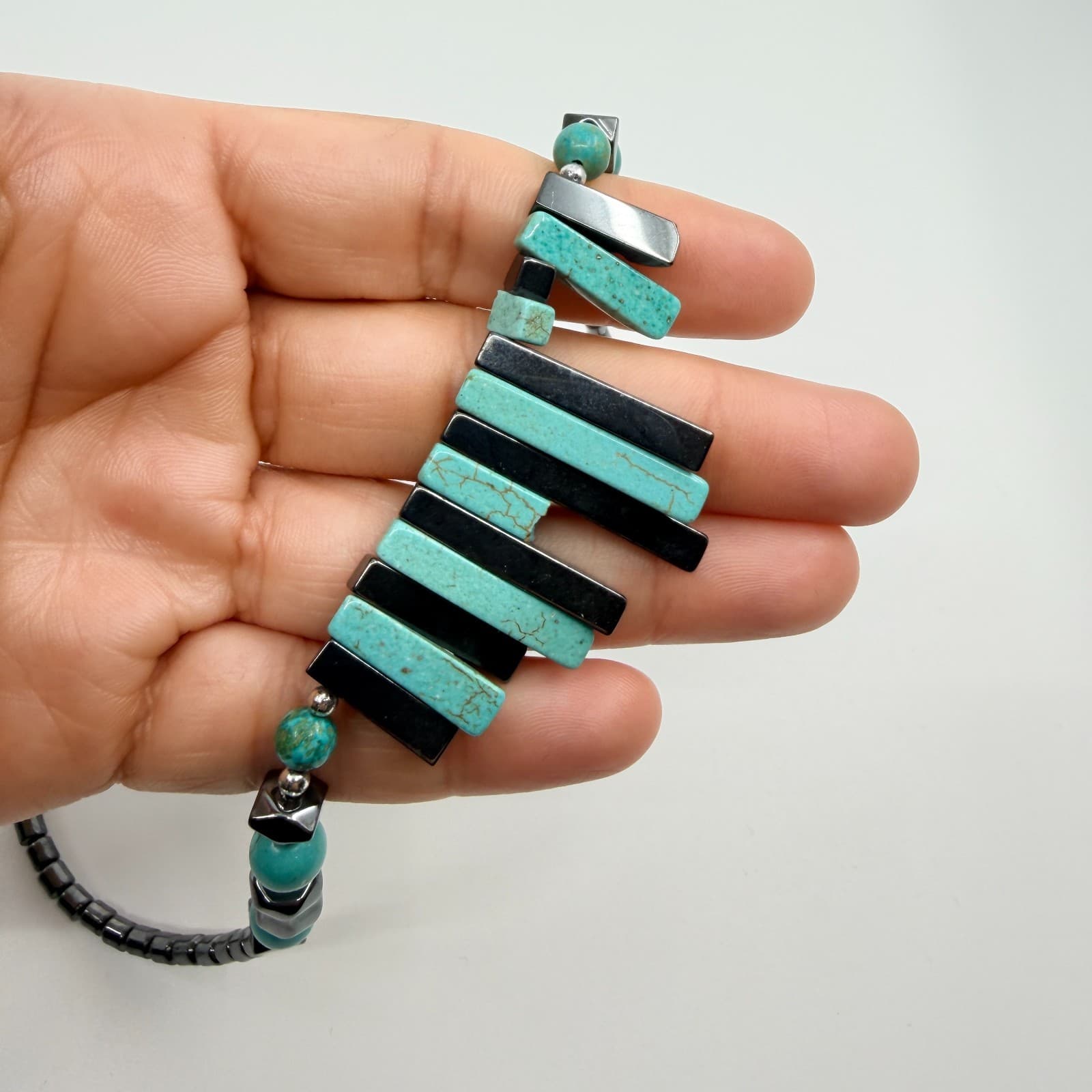 Vintage Southwestern Piano Key Necklace Turquoise Tone Hematite Bar Statement - Thumbnail 6