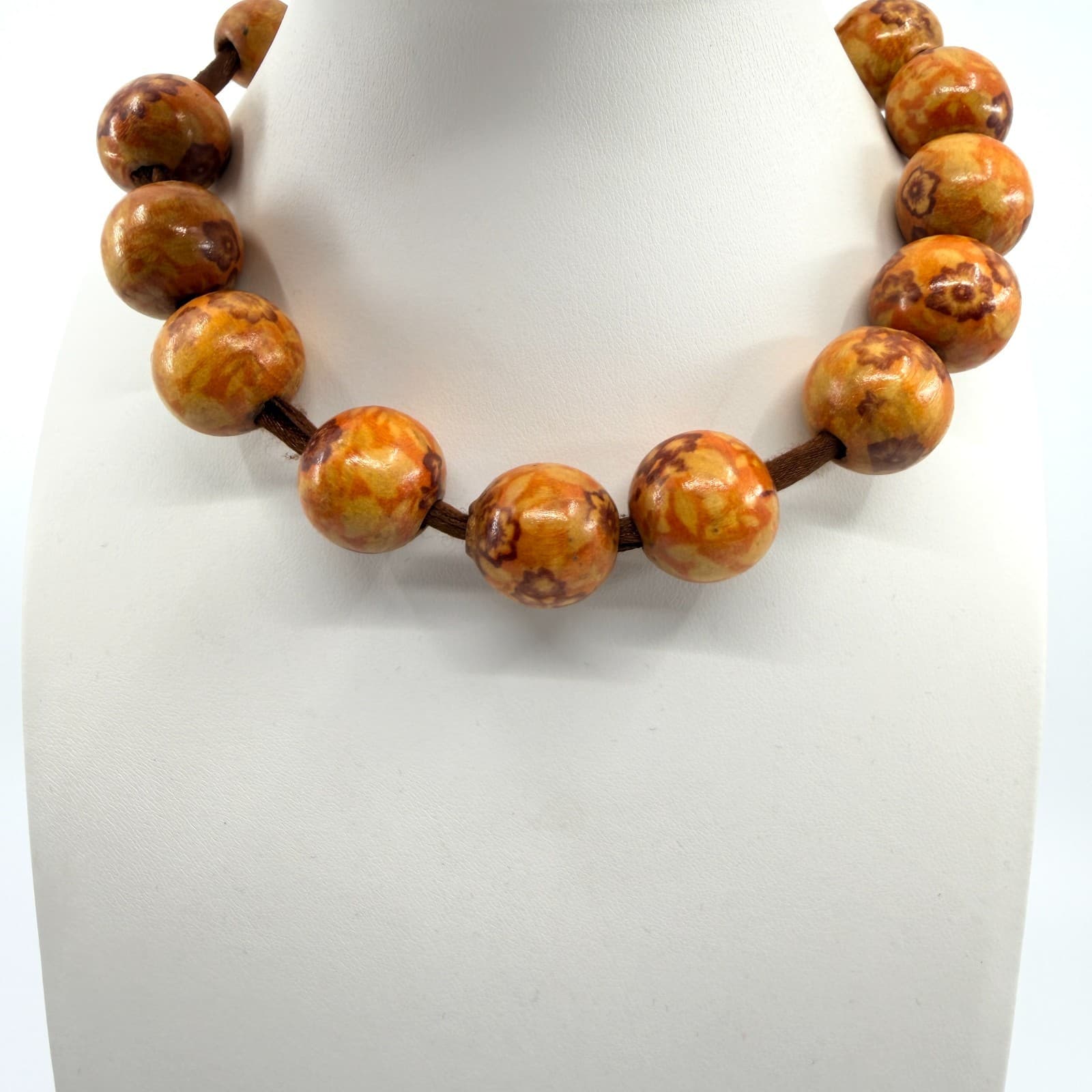 Vintage Orange Floral Painted Wood Bead Necklace Chunky Statement Boho Retro 90s - Thumbnail 2