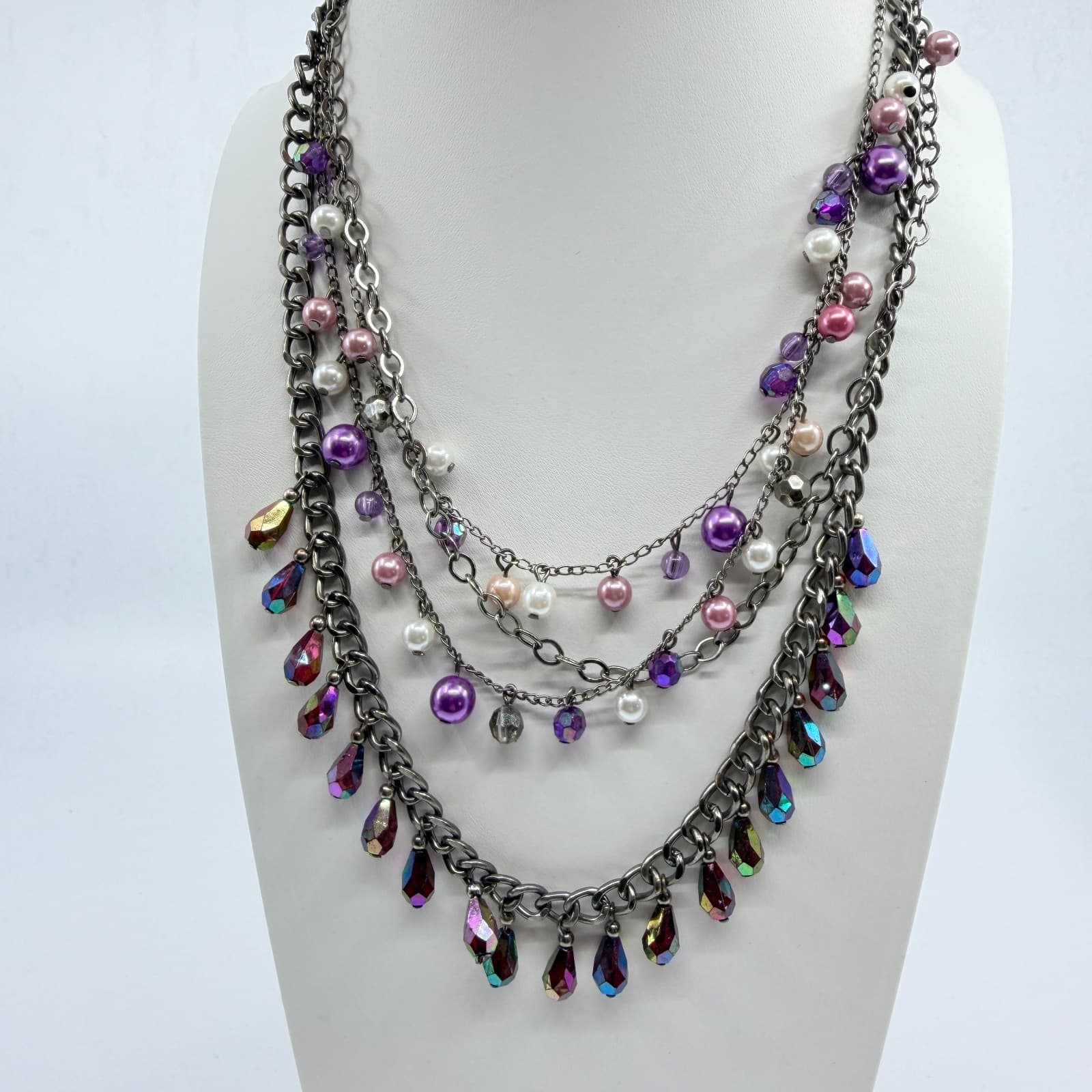 Y2K Multi Strand Layered Statement Necklace Purple Faux Pearl AB Crystal Charm - Thumbnail 6