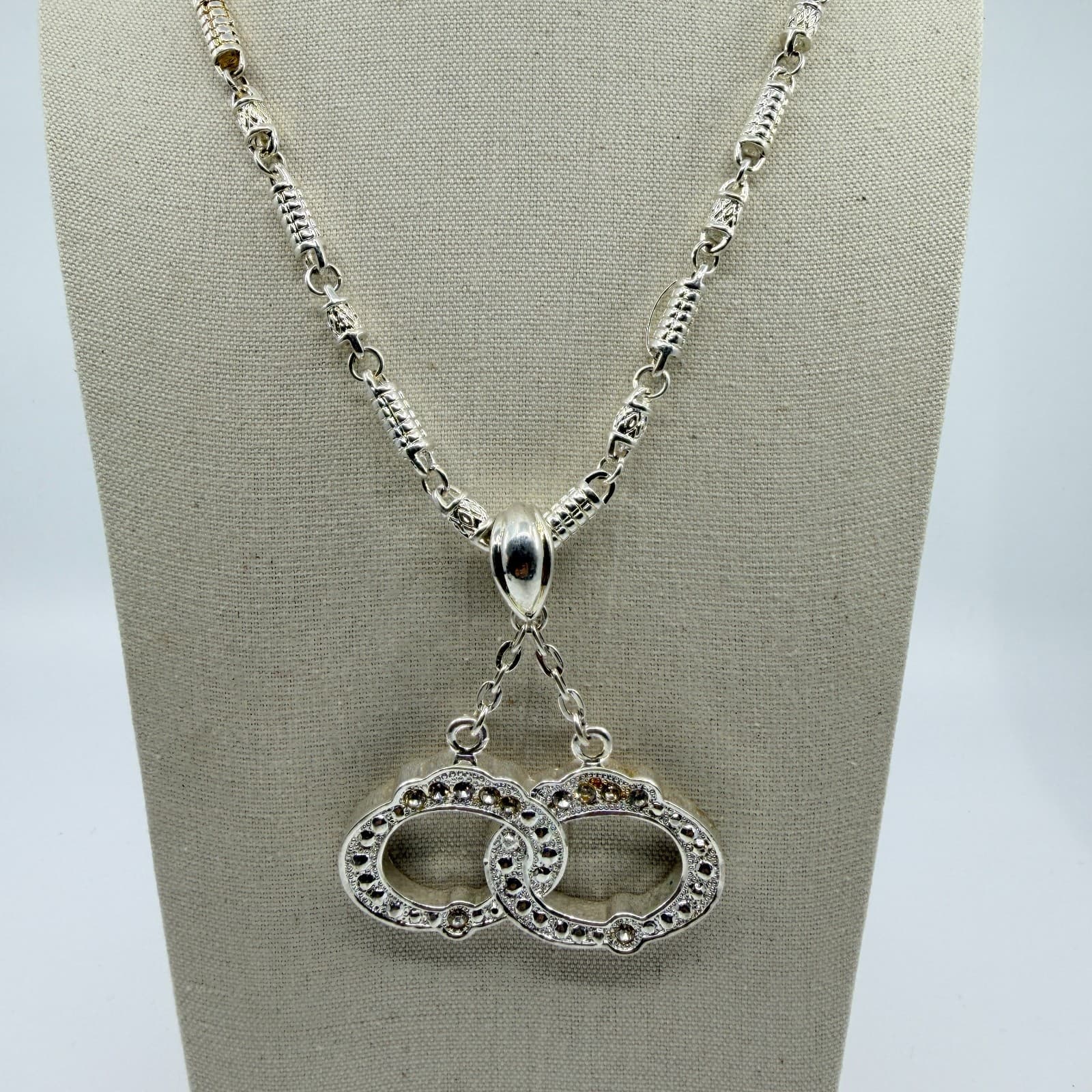 Silver Tone Interlocking Double Oval Pendant Necklace Rhinestone Minimalist Boho - Thumbnail 8