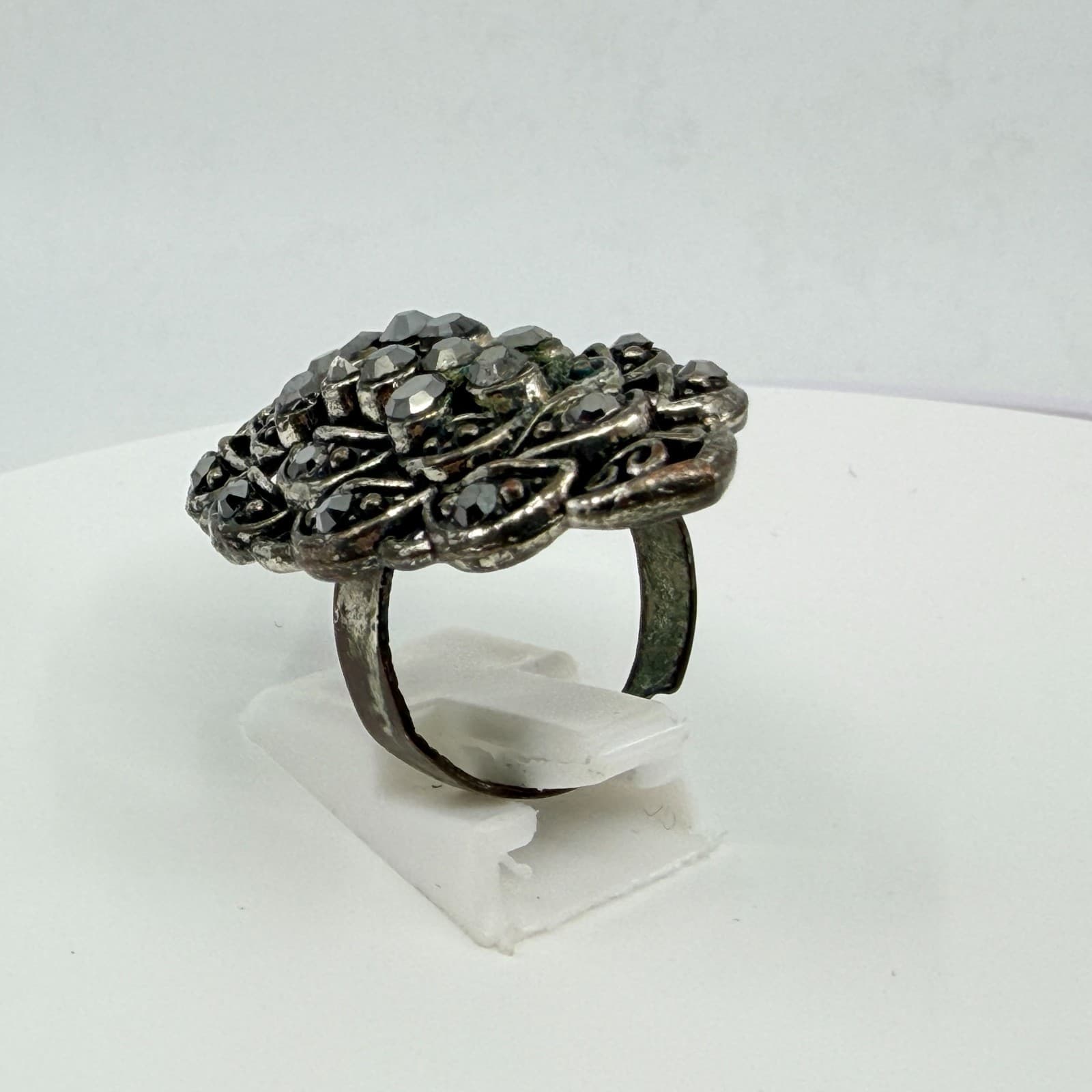 Vintage Silver Tone Black Rhinestone Statement Ring Marquise Shield Adjustable - Thumbnail 5