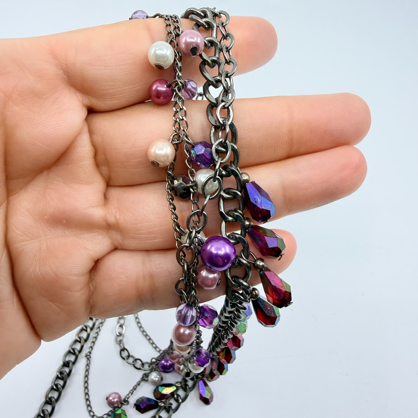 Y2K Multi Strand Layered Statement Necklace Purple Faux Pearl AB Crystal Charm - Thumbnail 8