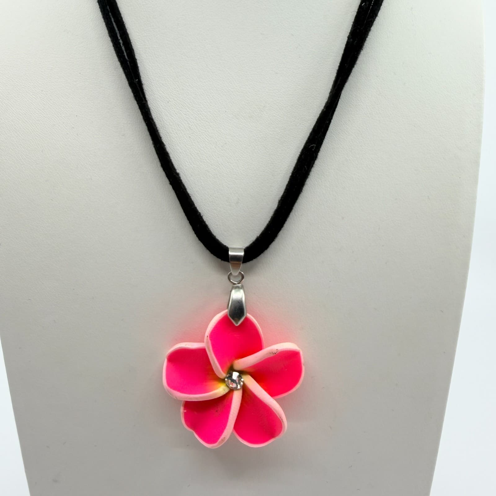 Vintage Pink Plumeria Flower Pendant Necklace Neon Rhinestone Black Cord Boho - Thumbnail 2