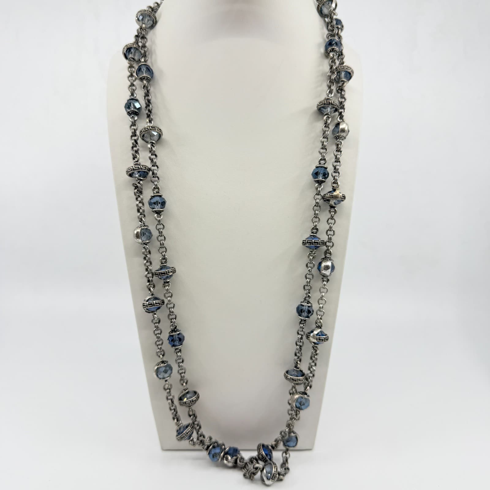 Vintage Chico's Long Silver Tone Chain Necklace Blue Crystal Greek Key Accent - Thumbnail 6