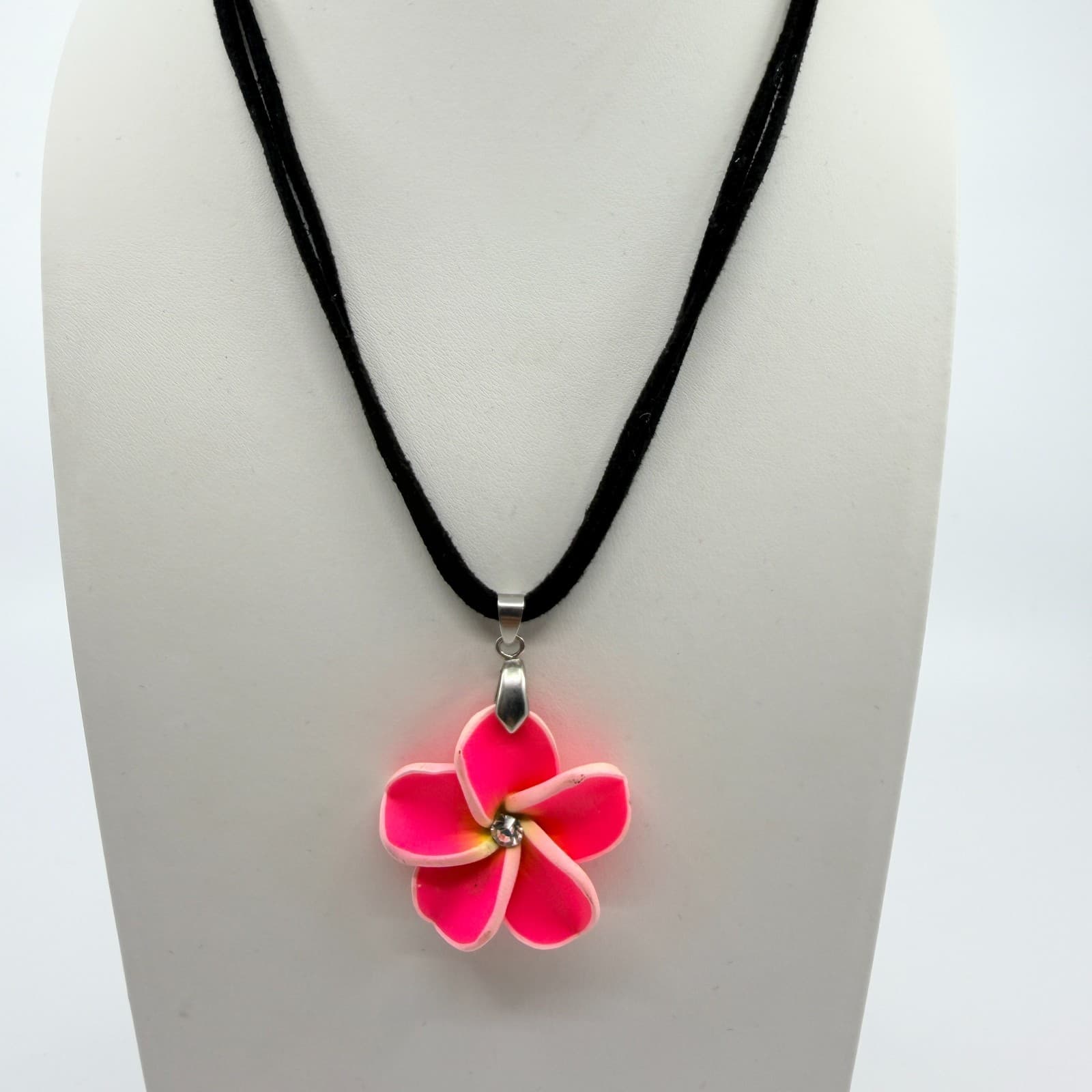 Vintage Pink Plumeria Flower Pendant Necklace Neon Rhinestone Black Cord Boho - Thumbnail 3