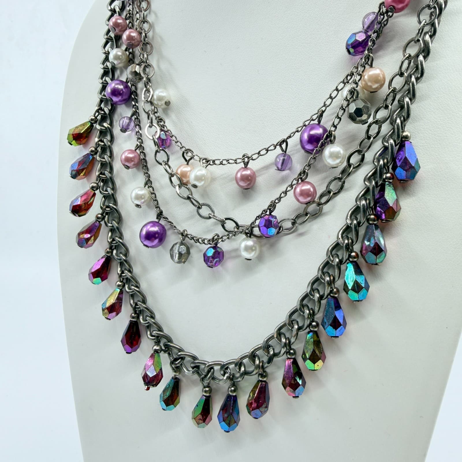 Y2K Multi Strand Layered Statement Necklace Purple Faux Pearl AB Crystal Charm - Thumbnail 5