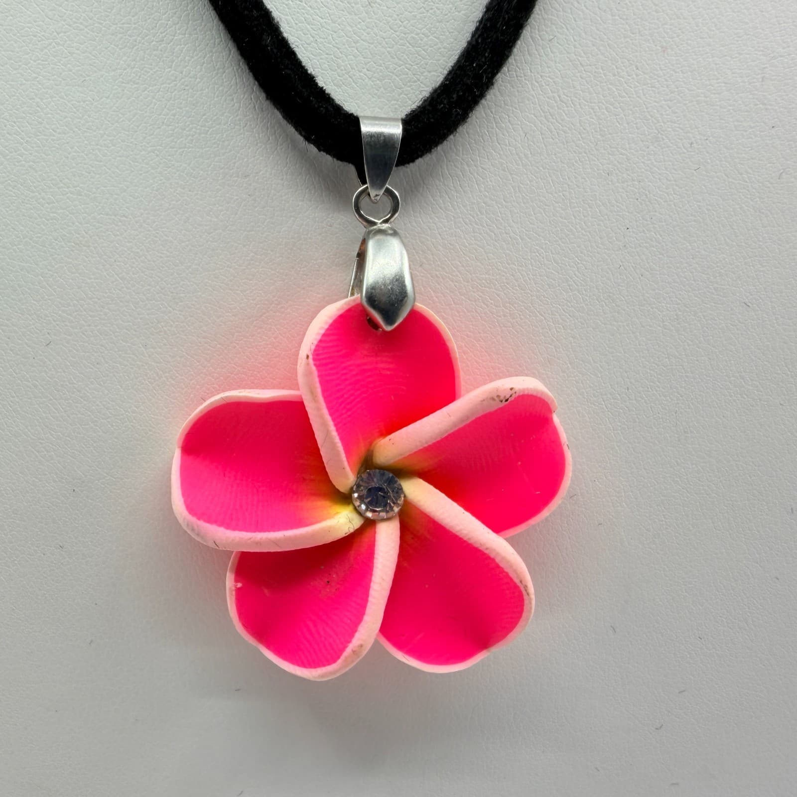 Vintage Pink Plumeria Flower Pendant Necklace Neon Rhinestone Black Cord Boho - Thumbnail 4