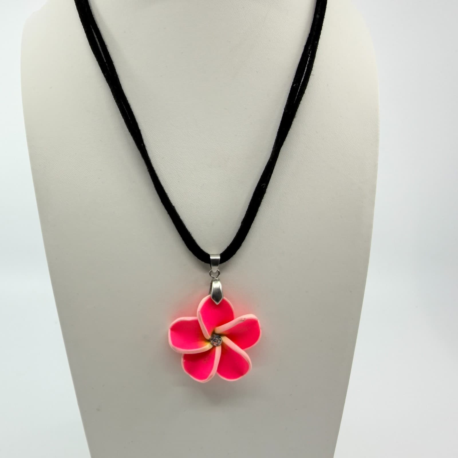 Vintage Pink Plumeria Flower Pendant Necklace Neon Rhinestone Black Cord Boho - Thumbnail 5