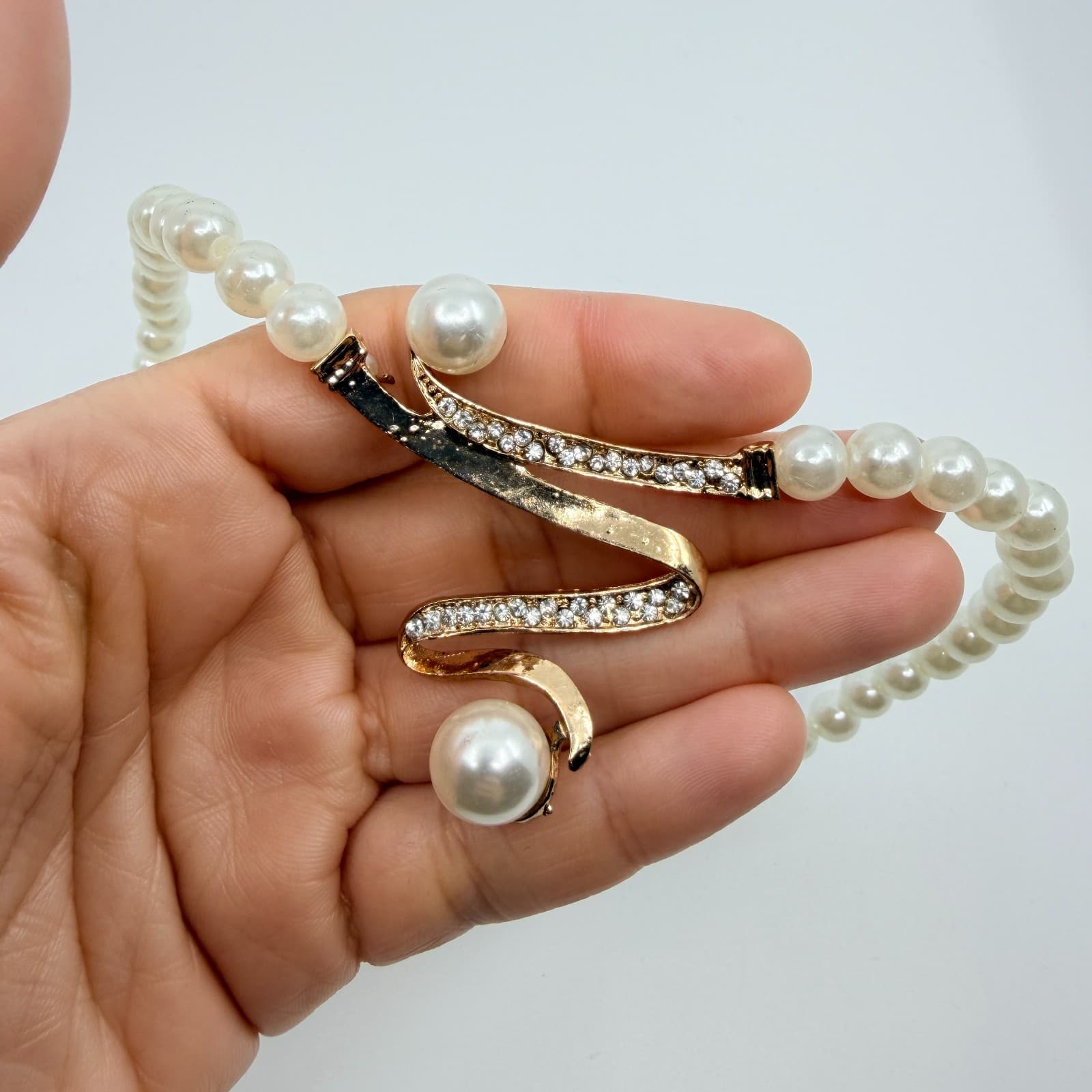 Gold Tone Simulated Pearl Necklace Ribbon S Pendant Rhinestone Bridal Statement - Thumbnail 9