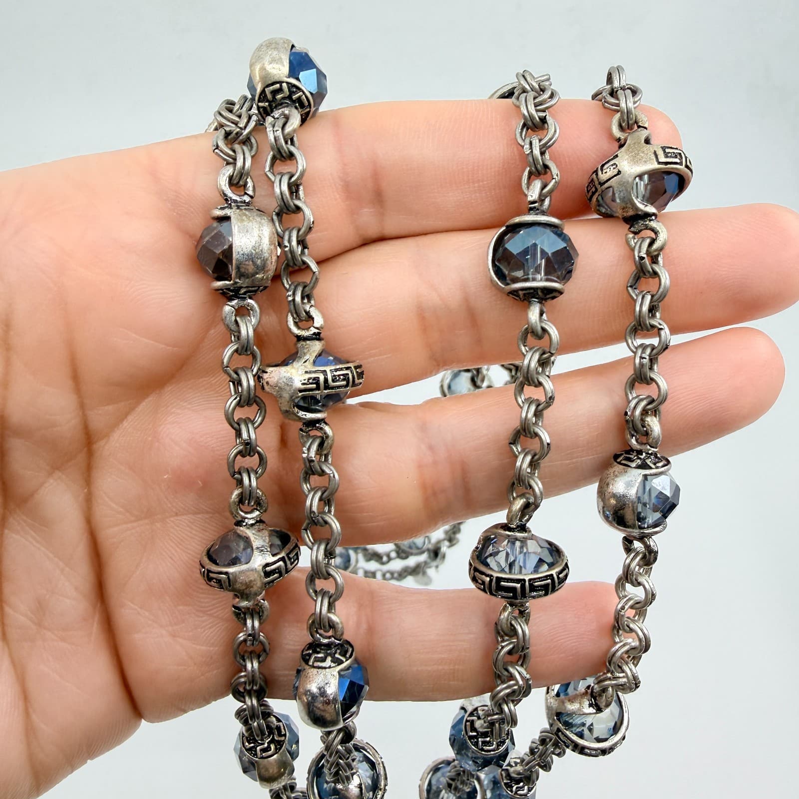 Vintage Chico's Long Silver Tone Chain Necklace Blue Crystal Greek Key Accent - Thumbnail 7