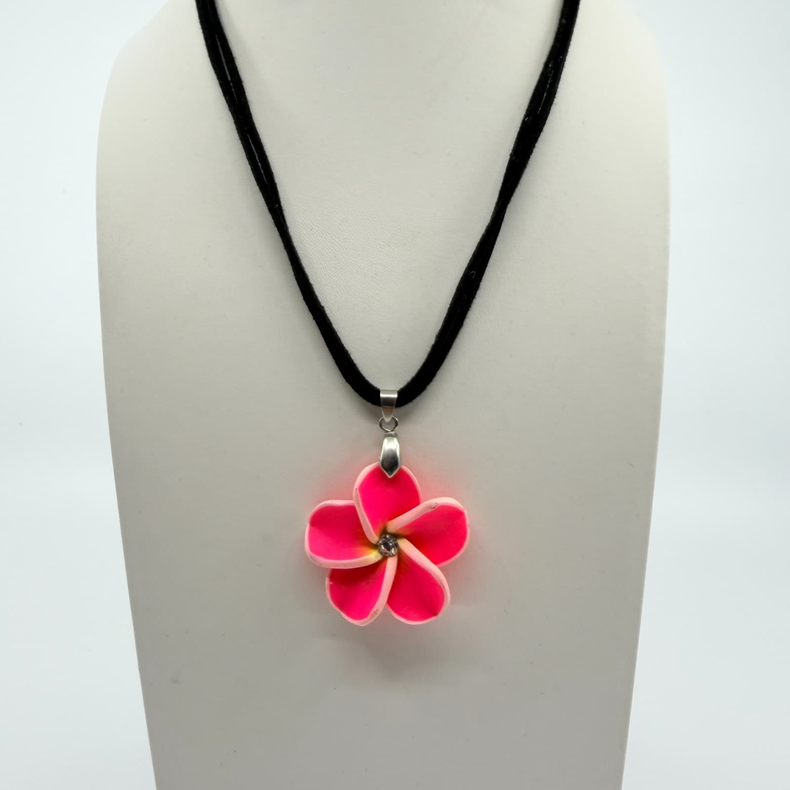 Vintage Pink Plumeria Flower Pendant Necklace Neon Rhinestone Black Cord Boho - Thumbnail 6