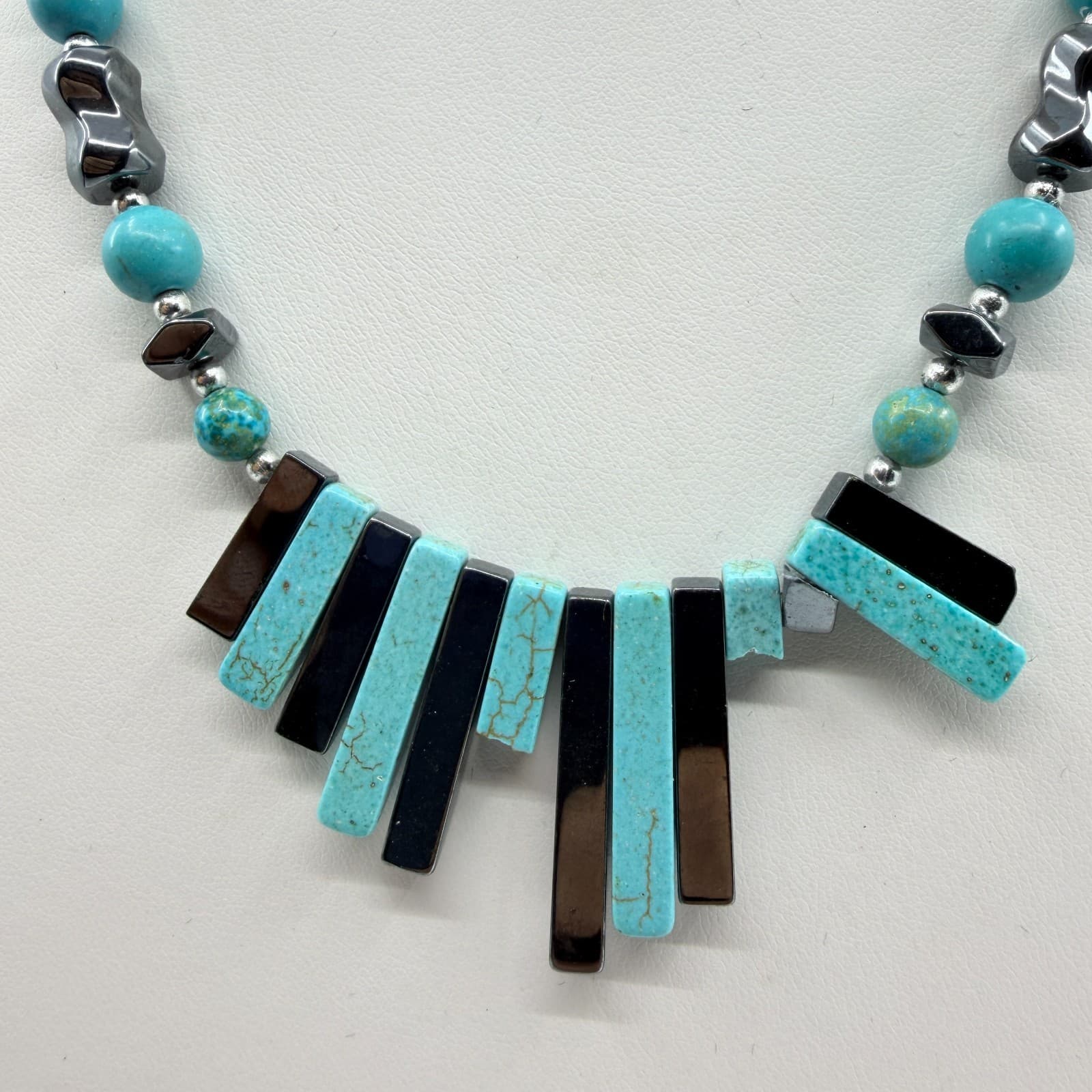 Vintage Southwestern Piano Key Necklace Turquoise Tone Hematite Bar Statement - Thumbnail 2
