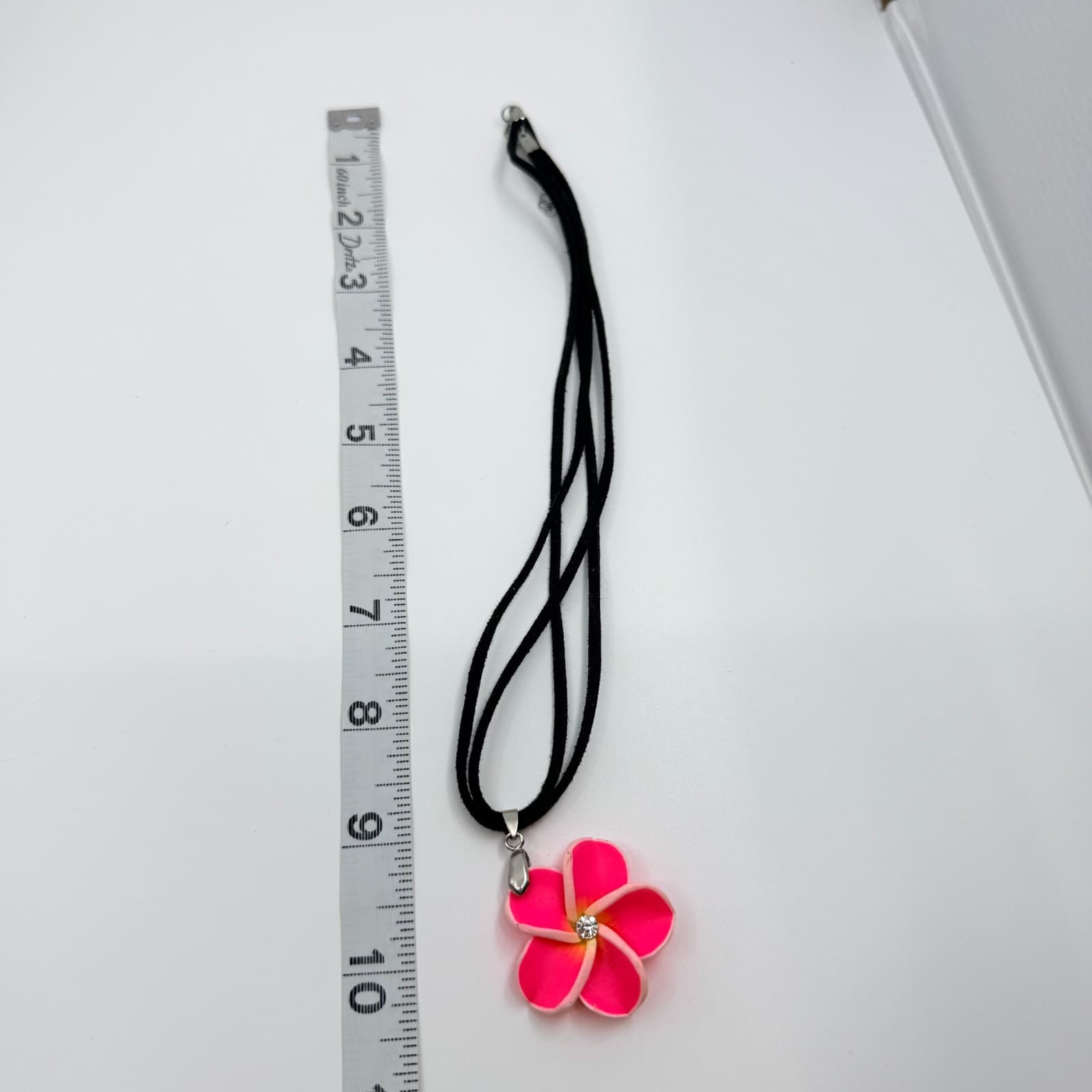 Vintage Pink Plumeria Flower Pendant Necklace Neon Rhinestone Black Cord Boho - Thumbnail 7