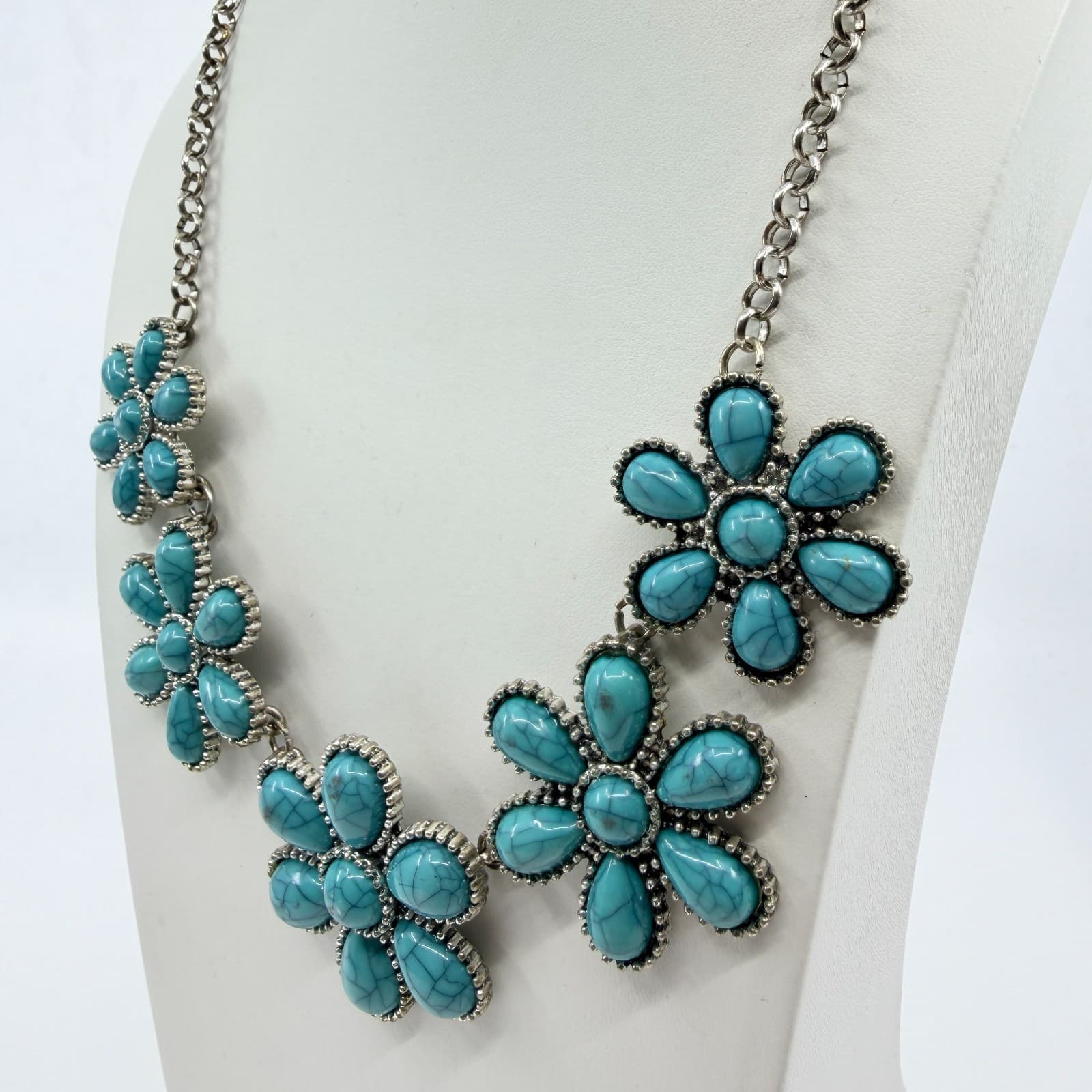 Vintage Faux Turquoise Matrix Flower Bib Statement Necklace Silver Tone Chunky - Thumbnail 6