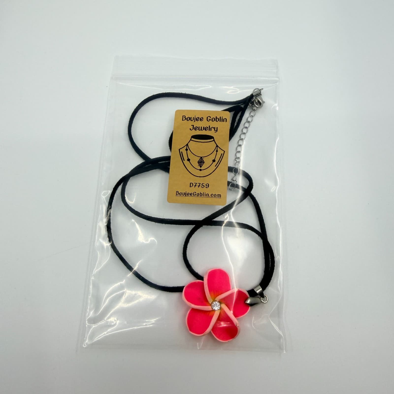 Vintage Pink Plumeria Flower Pendant Necklace Neon Rhinestone Black Cord Boho - Thumbnail 8