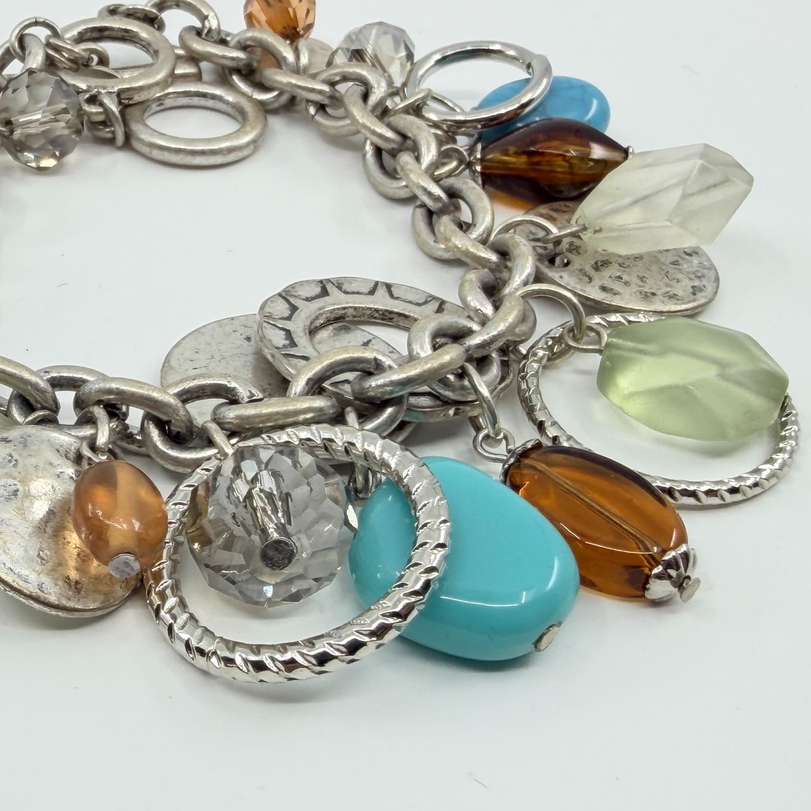 Vintage Boho Silver Faux Turquoise Chunky Charm Bracelet Multi Bead Toggle Y2K - Thumbnail 3