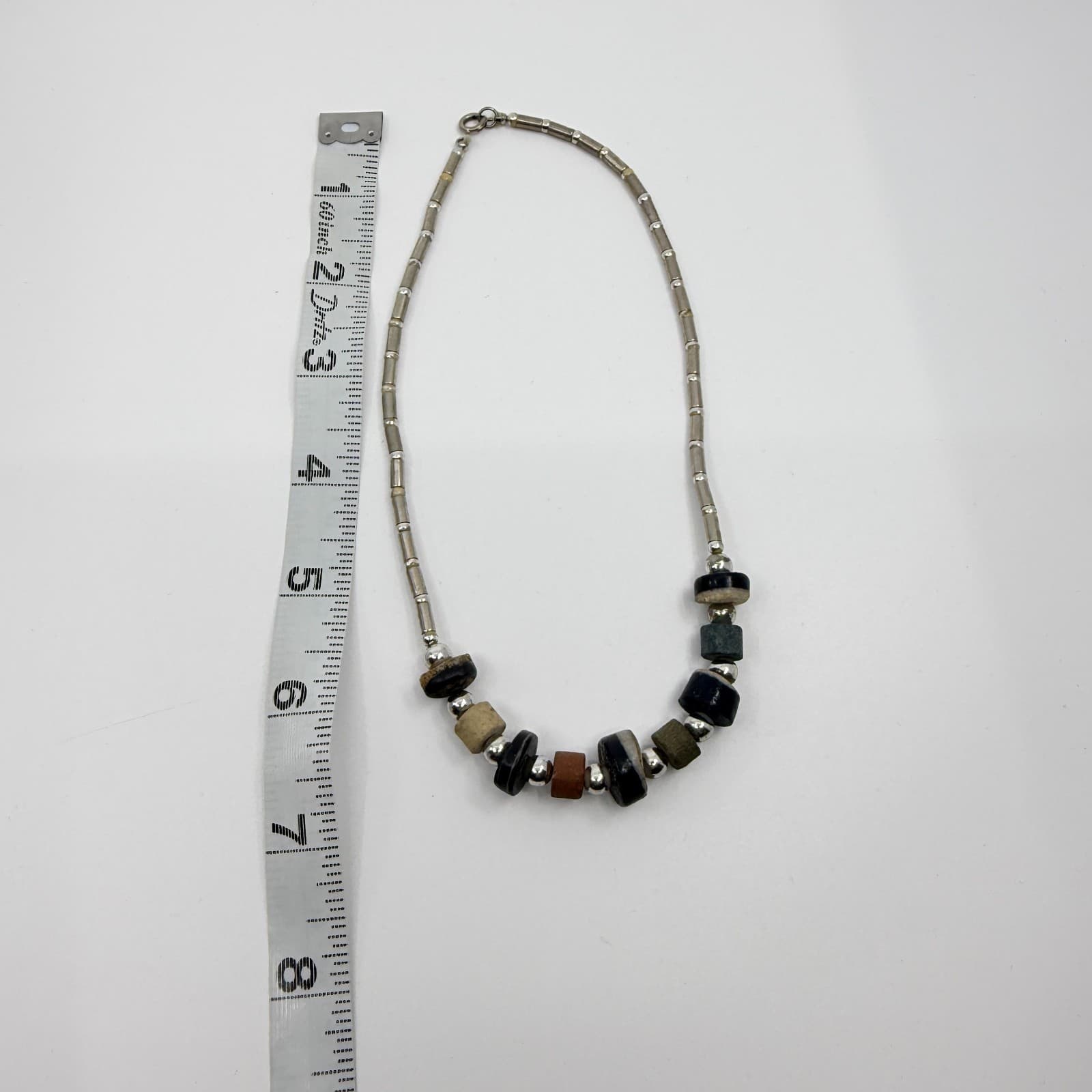 Vintage Southwestern Multi Stone Liquid Silver Tone Necklace Chunky Bead Boho - Thumbnail 9