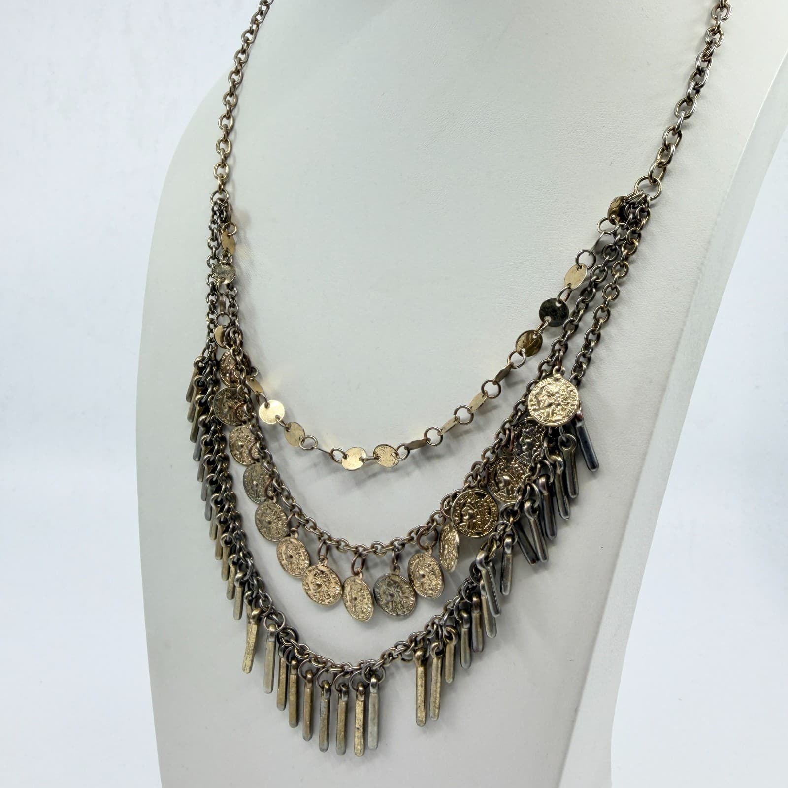 VTG Antique Gold Tone Multi Strand Coin Fringe Layered Statement BIB Necklace - Thumbnail 5