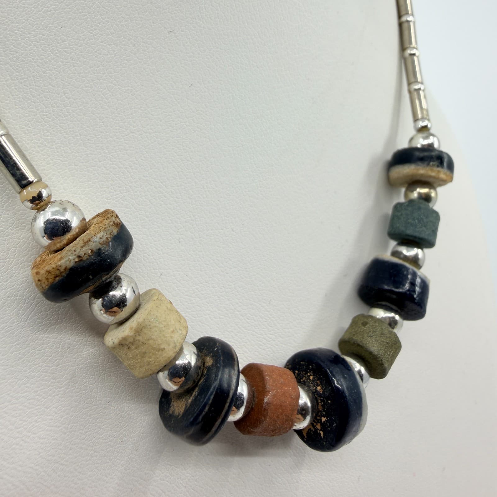 Vintage Southwestern Multi Stone Liquid Silver Tone Necklace Chunky Bead Boho - Thumbnail 4